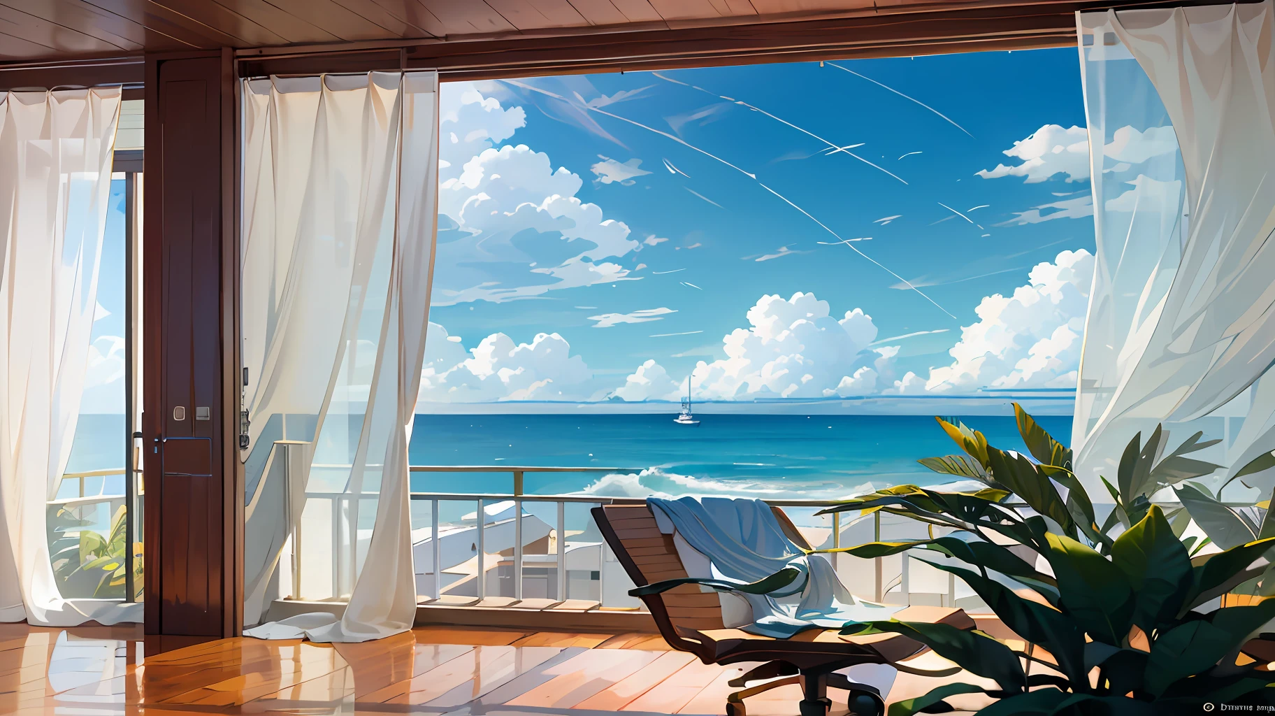 Best image quality, Super high quality, High quality, Room with sea view, curtains, sea breeze, airiness, large window, wooden desk, wooden, ecopunk, view from inside the room towards the window, girl with headphones, facing the desk, studying, from behind: 1.4, blue sky, white clouds, ghibli style, animation, 8k, exhilarating, wind, swaying curtains, houseplants, long hair, view of the vast sea, summer --auto --s2
