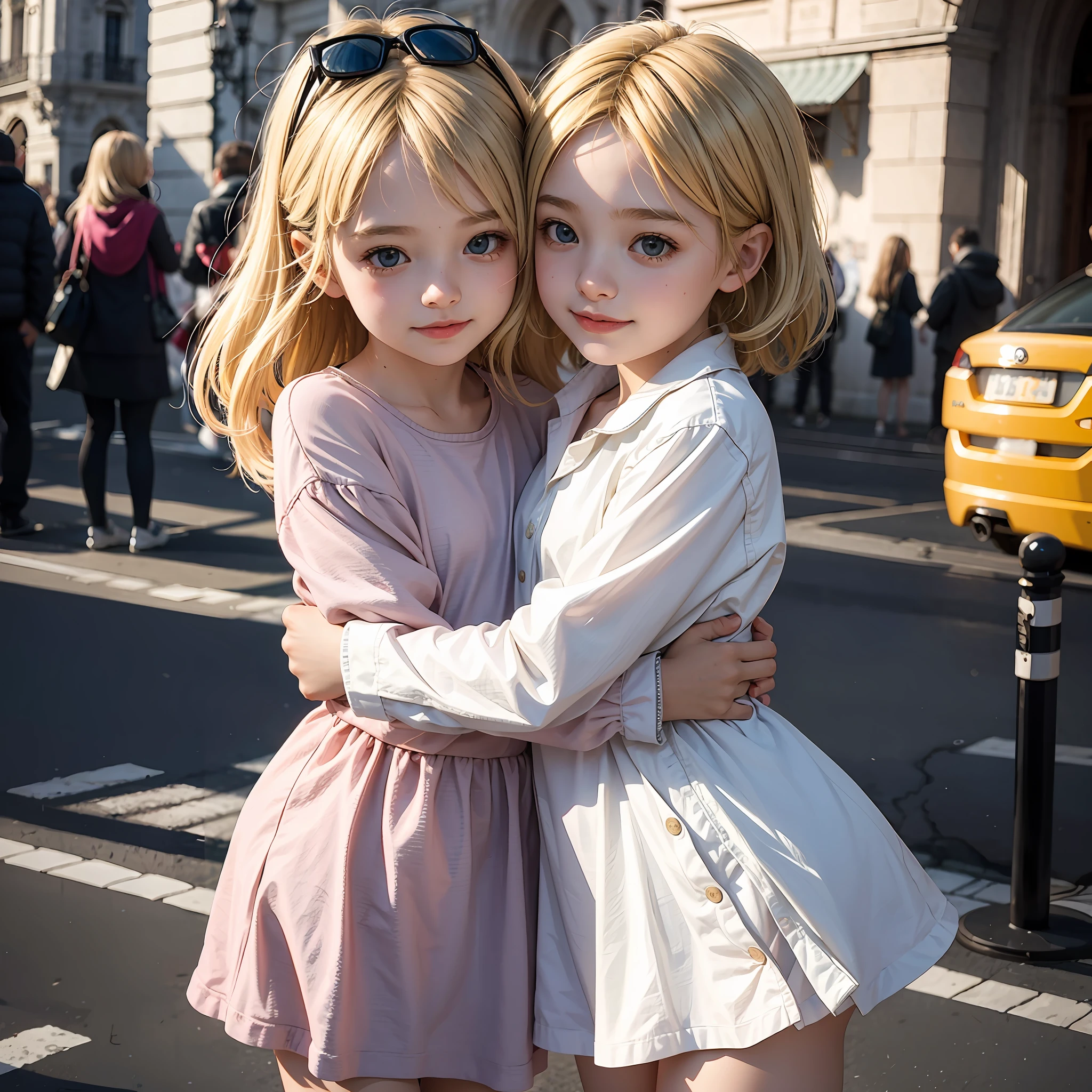 A two kid girl with small body embrace each other, blonde europe kid