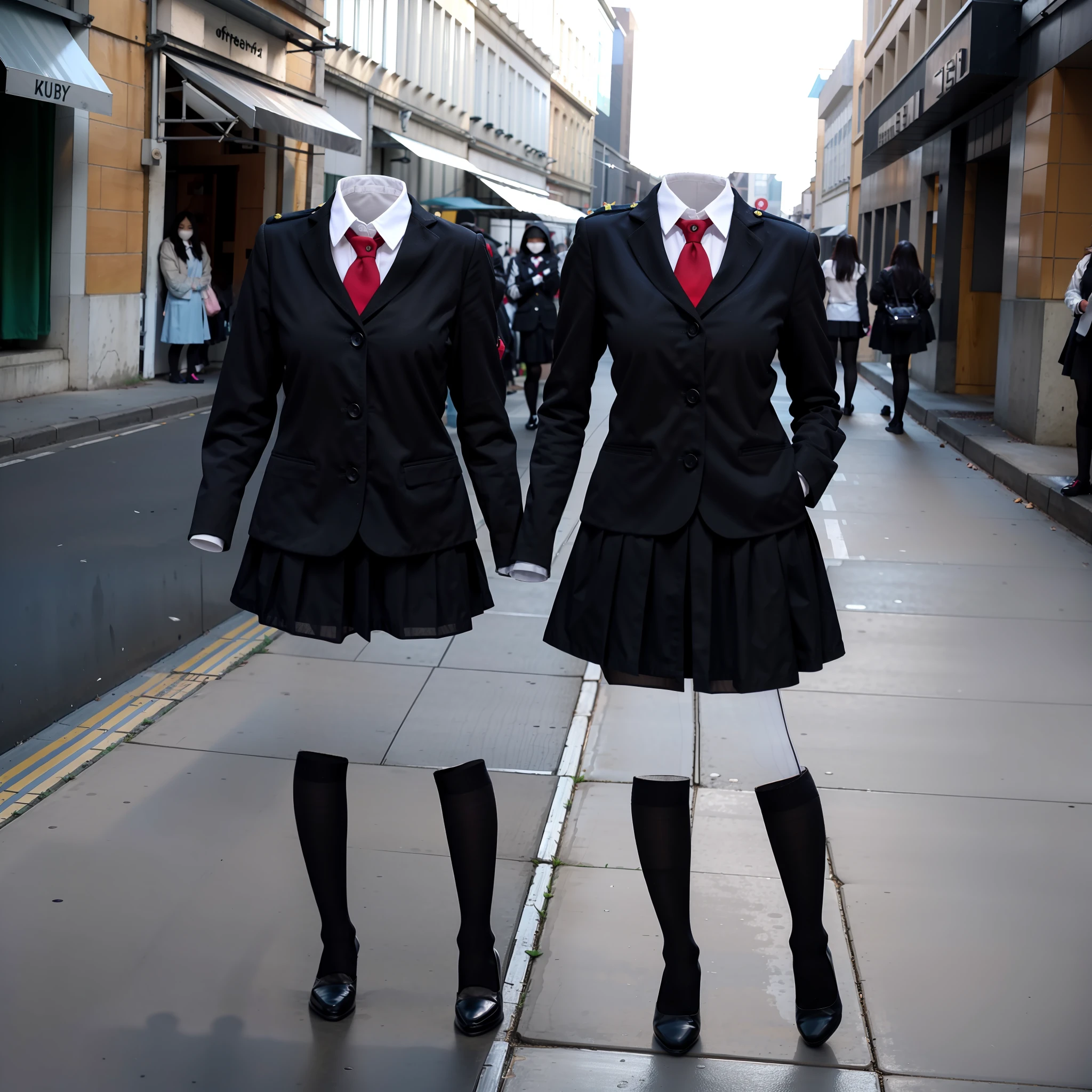 photorealistic, (((no humans))), ((empty clothes)), girls' school uniforms, black tights, invisible girls