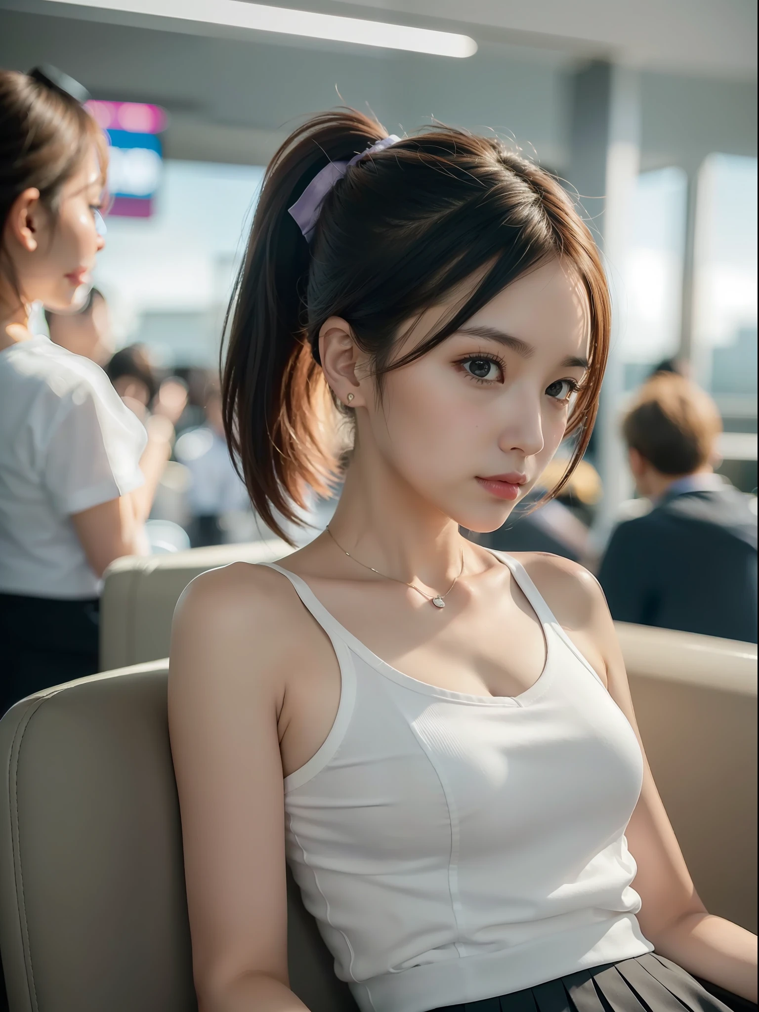 ((Best quality, 8k, Masterpiece: 1.3)), Sharp focus: 1.2, (1 AESPA girl: 1.3), (realistic, photo-realistic:1.37), face girl with cellphone, cute face, age 24, small breasts, flat chest, brunette short messy hair, or ponytail, (sitting paw pose: 1.1), white shirt, camisole, skirt, airport, terminal, station, something drinking, sunlight, kindness, cinematic lighting, (8k, masterpiece, best quality, raw photo)