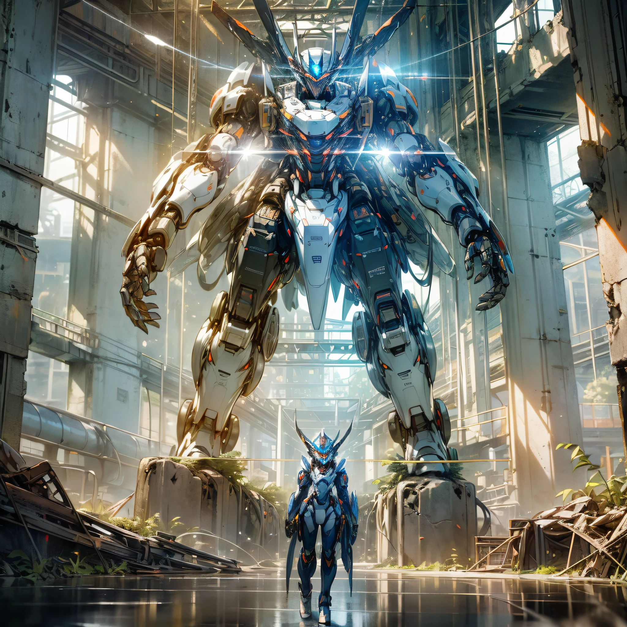 (Masterpiece), best image quality, ultra-high-precision CG unity 8k wallpaper, ([a] humanoid mech standing independently in the depths of the ruins of the future, bright eyes and goggles, shining in the reflection of light. The mecha structure is intricate, precise and delicate, and it flashes with a strange light in the light and shadow. )"