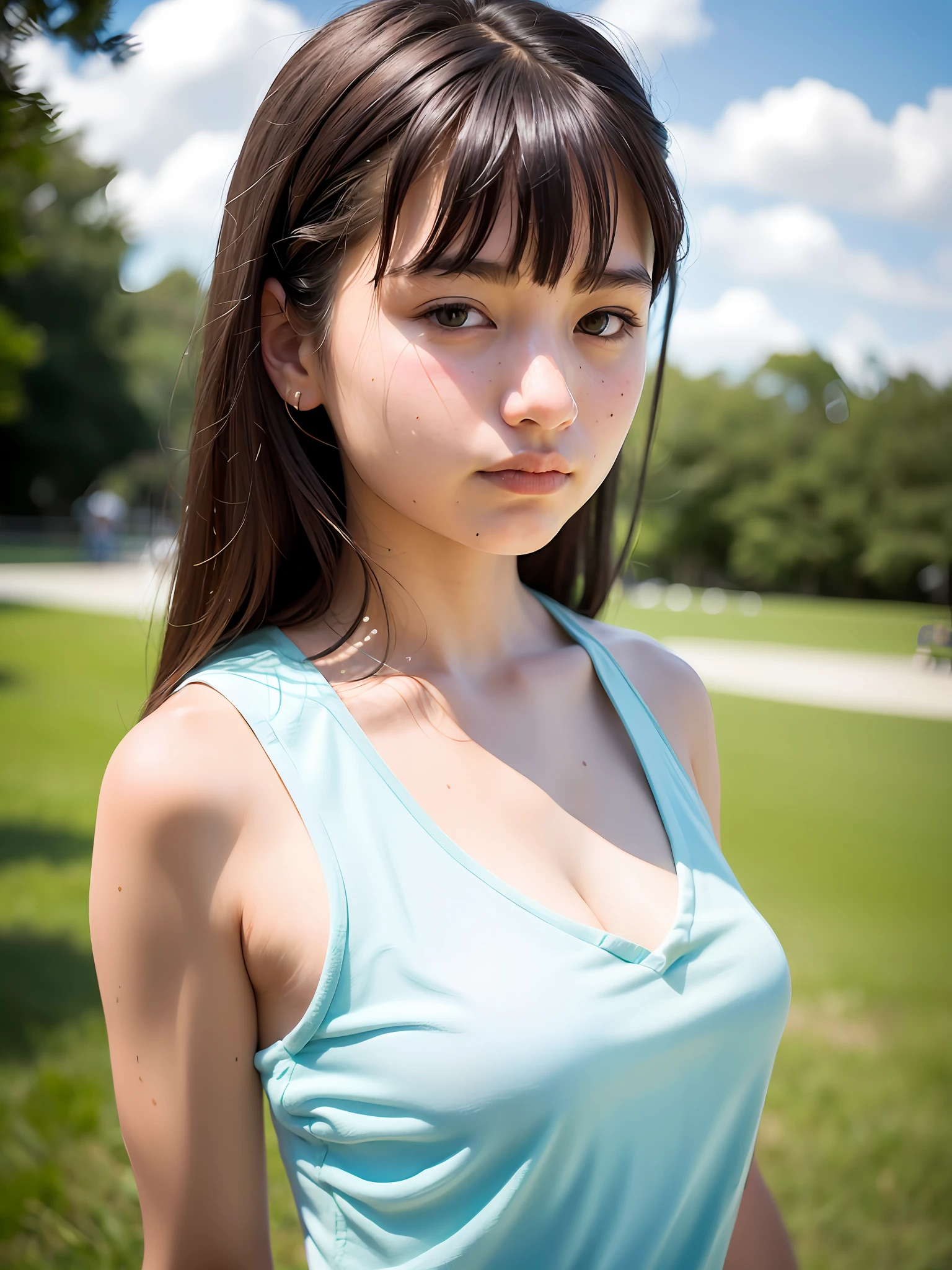 Girl, Tank Top, (Delicate Illustration: 1.4), (Renaissance Art: 1.4), (Masterpiece: 1.0), (Best Quality: 1.4), (Ultra High Resolution: 1.2), (Photorealistic: 1.4), (8K, RAW Photo: 1.2), (Soft Focus: 1.4), (18 years old: 1.3)), (Sharp Focus: 1.4), Beautiful Face in Detail