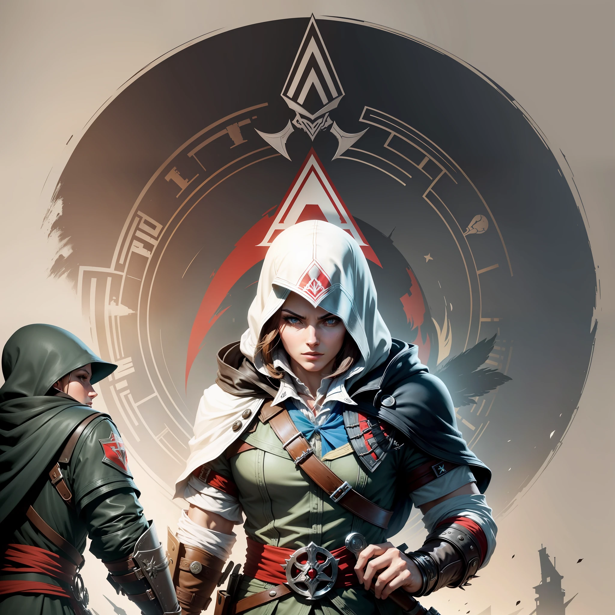 Design a logo for an Assassin’s Creed game set in the WW2 era. The logo should incorporate elements that evoke the historical context of the war while maintaining the iconic style of the Assassin’s Creed franchise. Consider incorporating symbols such as a stylized WW2-era weapon, an emblem representing the Assassin Brotherhood, and elements that represent the conflict and secrecy of the time period. Focus on creating a visually striking logo that captures the essence of the game’s setting and theme