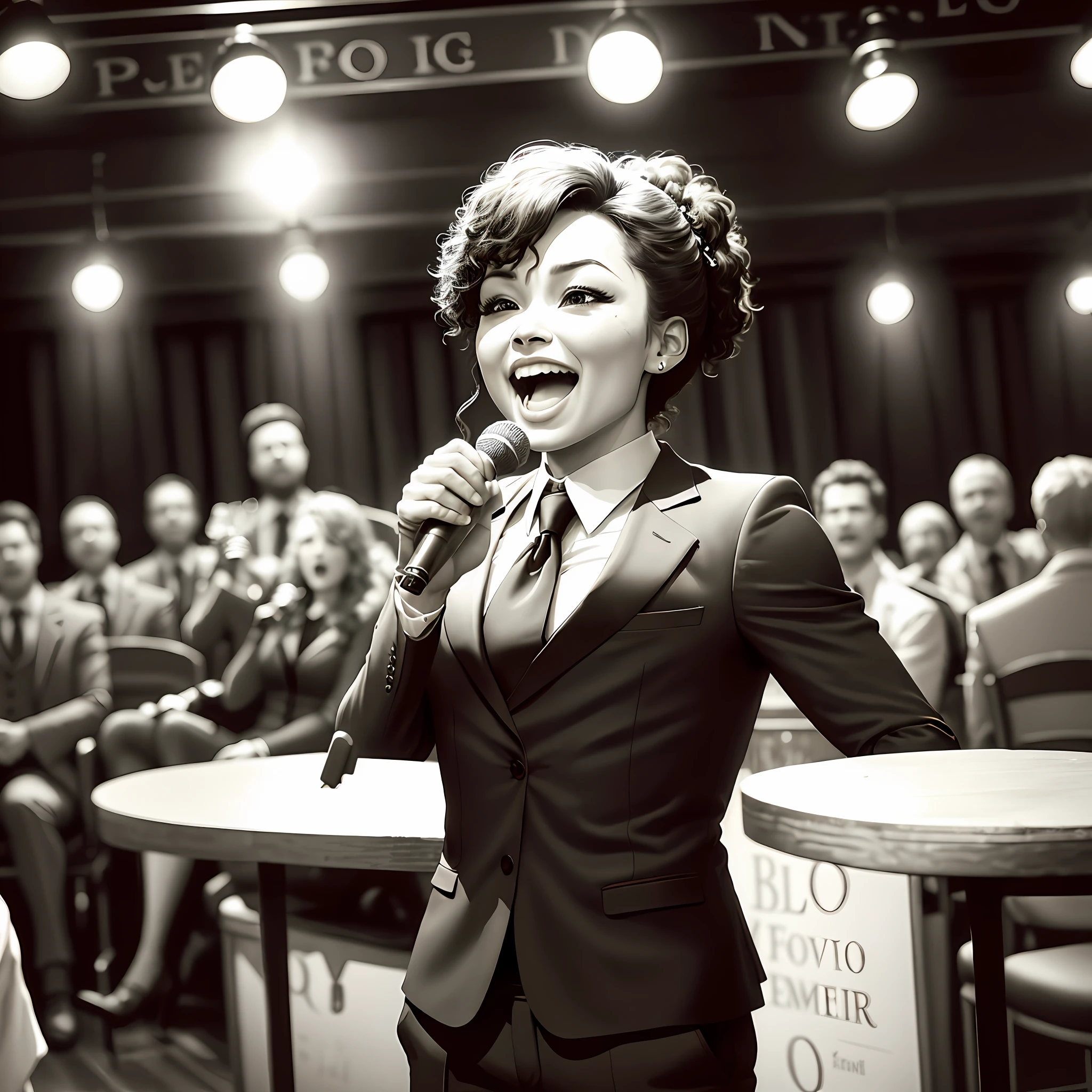 You're in a dark, lively pub with low lights and an intimate atmosphere. On stage, there is a black and white couple, both dressed in elegant costumes. They're holding microphones and singing a passionate song from a genre you can't identify. The crowd is silent, paying attention to the couple's performance. You watch in awe as they perform with intense passion, their voices blending seamlessly in harmony. The mood in the pub is electric, and you feel drawn to the infectious energy of the couple as they continue to sing.