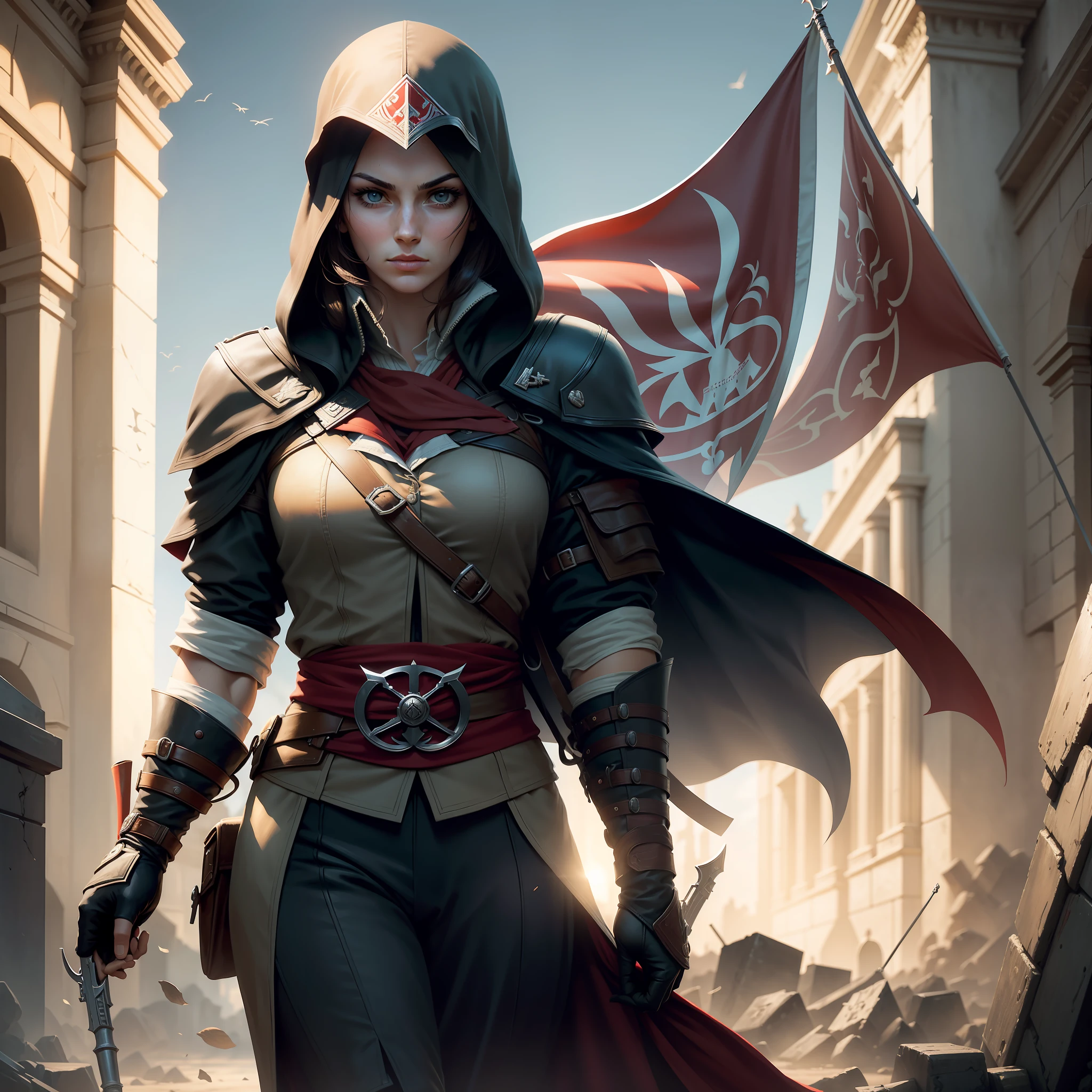 Design a logo for an Assassin’s Creed game set in the WW2 era. The logo should incorporate elements that evoke the historical context of the war while maintaining the iconic style of the Assassin’s Creed franchise. Consider incorporating symbols such as a stylized WW2-era weapon, an emblem representing the Assassin Brotherhood, and elements that represent the conflict and secrecy of the time period. Focus on creating a visually striking logo that captures the essence of the game’s setting and theme