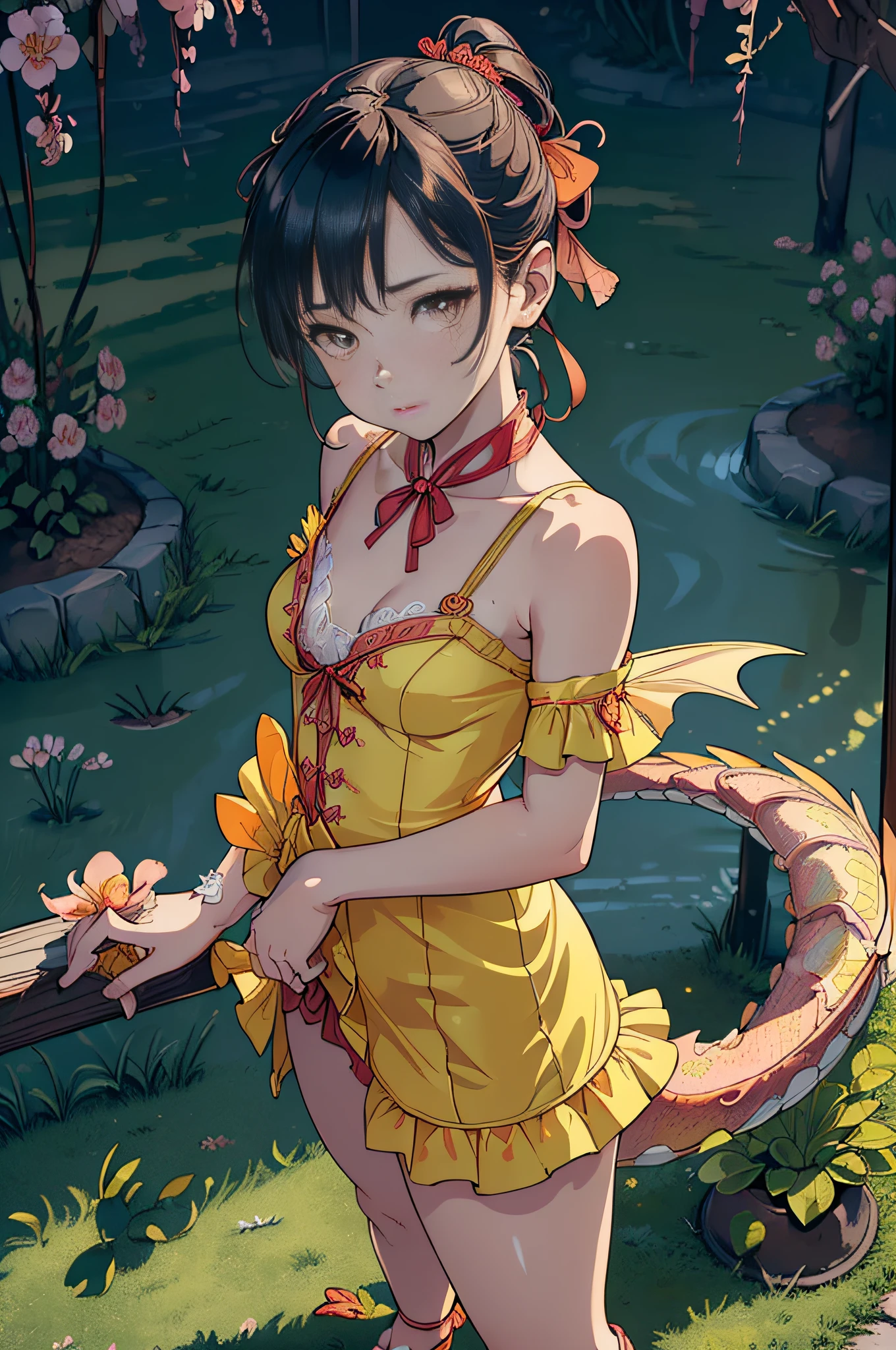 [Detailed illustrations, art based on extremely ideal anatomy, very detailed and detailed drawings, delicate lines with slow and urgent, realistic texture expression],(((Color tressed main lines)),(Artwork with outstanding craftsmanship),(Garden background),HENTAI KAWAII [ANIME Girl Chinese ((short stature) slim body) ] (hair),((peach blossom) 簪) (yellow dogi ( Dragon embroidery: 0.3)) ((lace ruffled ribbon)),((Tattoo:0.5)),(Colorful)) (Kung Fu (Dynamicpose:0.4)),(High contrast:0.8),((Fine and beautiful skin expression (transparency))),((Clear gaze)),((Perfect eye details (Beautifully drawn pupils)))),(Beautiful perfect face ( Realistic facial details)),((Beautiful hair details)),(Perfectly proportioned proportions)),(Design built to a high level,(((Advanced structural understanding of materials)),Ideal color coordination),((Artistic decoration))) ((Dense details)),(Detail,High definition)),[(Ultra-precision detail),(((Multilayer texture)), HighQuality,High Resolution],((Accurate simulation of light-material interaction, understanding of air flow, mechanically correct representation)),(((Visual art with a sense of narrative)).