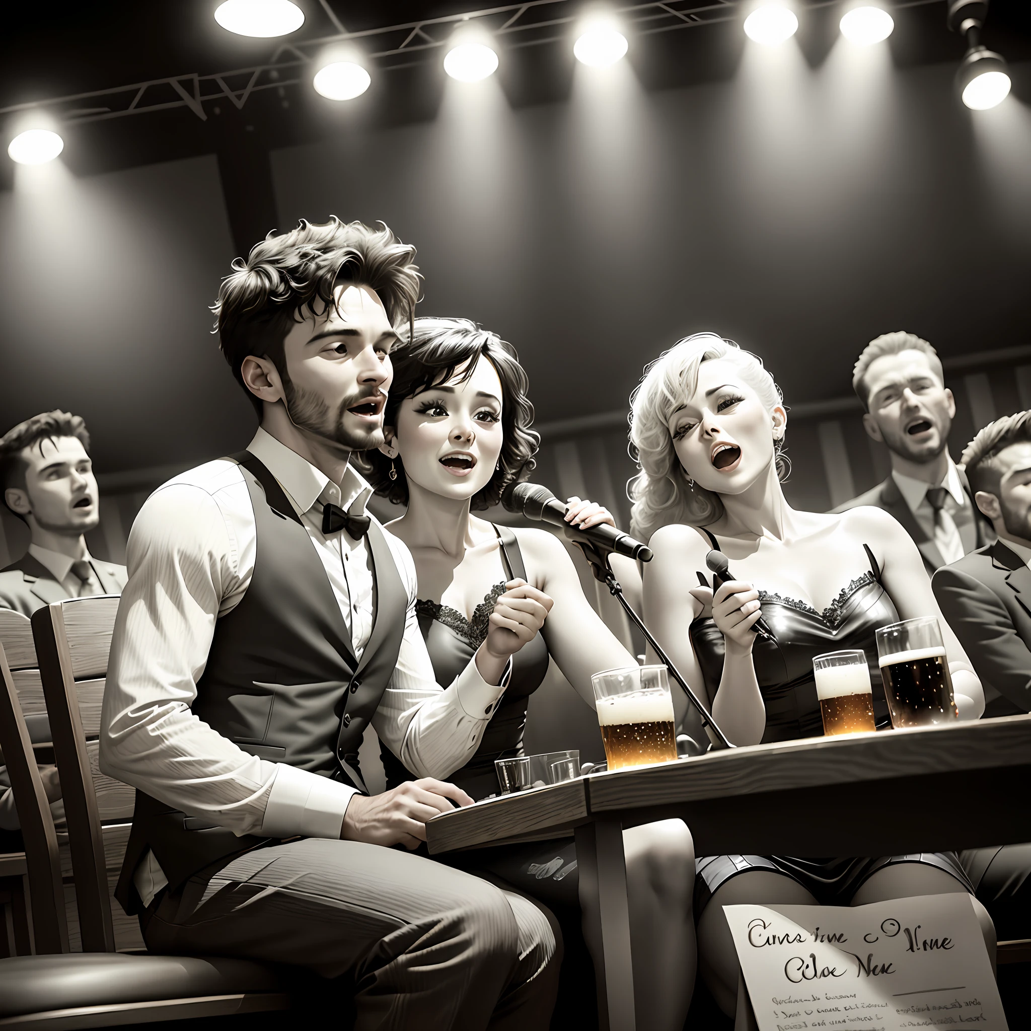 You're in a dark, lively pub with low lights and an intimate atmosphere. On stage, there is a black and white couple, both dressed in elegant costumes. They're holding microphones and singing a passionate song from a genre you can't identify. The crowd is silent, paying attention to the couple's performance. You watch in awe as they perform with intense passion, their voices blending seamlessly in harmony. The mood in the pub is electric, and you feel drawn to the infectious energy of the couple as they continue to sing.