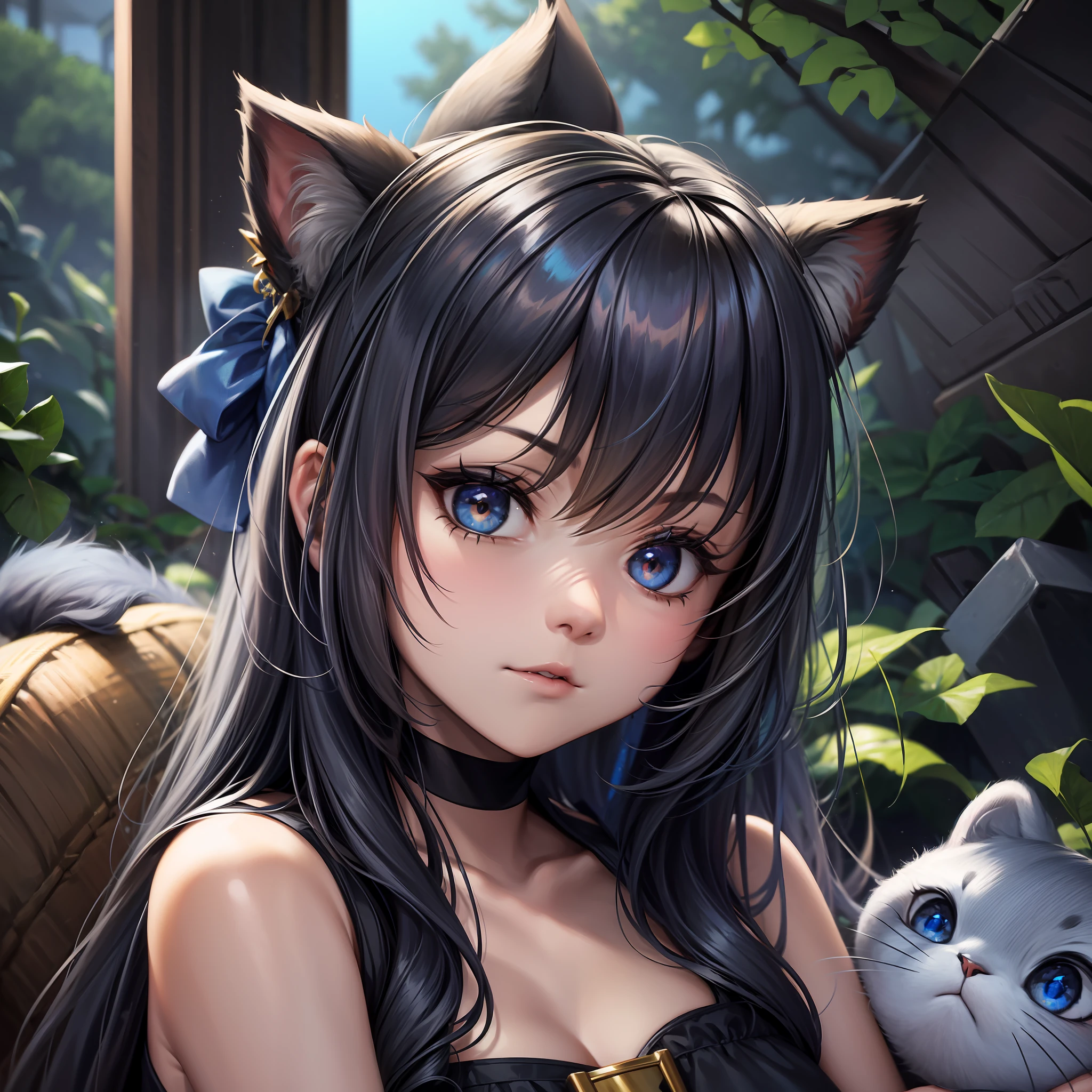 Many details, girl and cat, girl eyes looking directly at the camera, girl wearing brown plush band, bear ears hair ornament, cat side face, Russian blue cat, blue cat, solid color cat, 4K, sunlight beam, blue cat --auto --s2