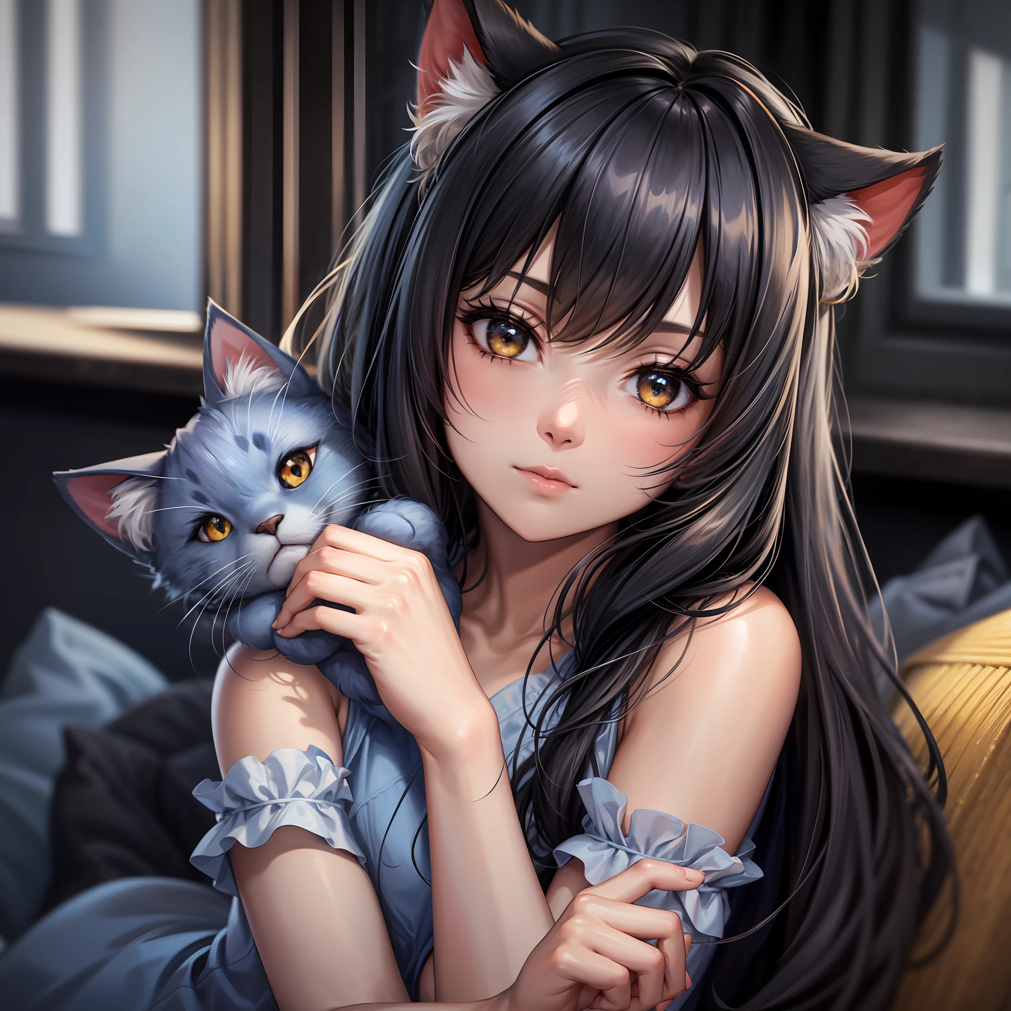 Many details, girl and cat, girl eyes looking directly at the camera, girl wearing brown plush band, bear ears hair ornament, cat side face, Russian blue cat, blue cat, solid color cat, 4K, sunlight beam, blue cat --auto --s2