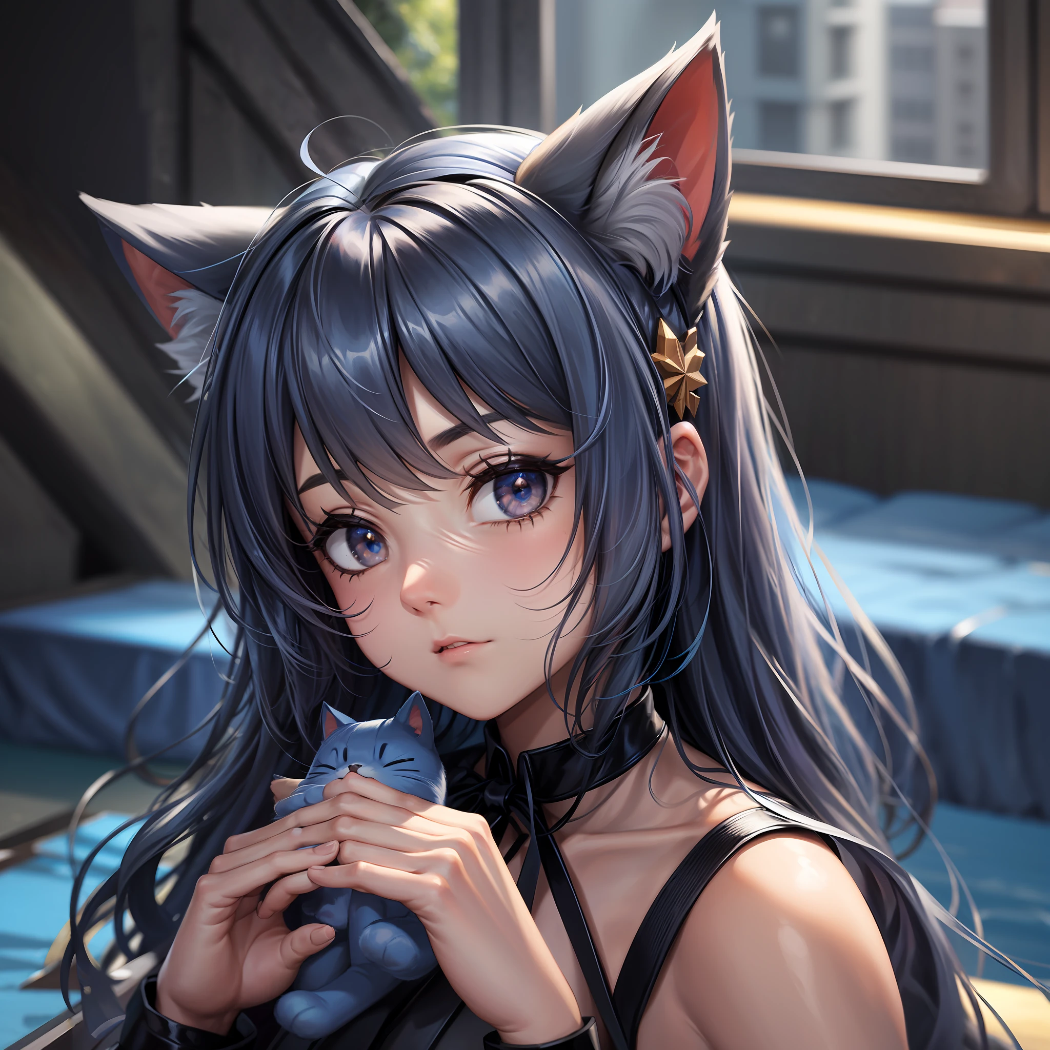 Many details, girl and cat, girl eyes looking directly at the camera, girl wearing brown plush band, bear ears hair ornament, cat side face, Russian blue cat, blue cat, solid color cat, 4K, sunlight beam, blue cat --auto --s2