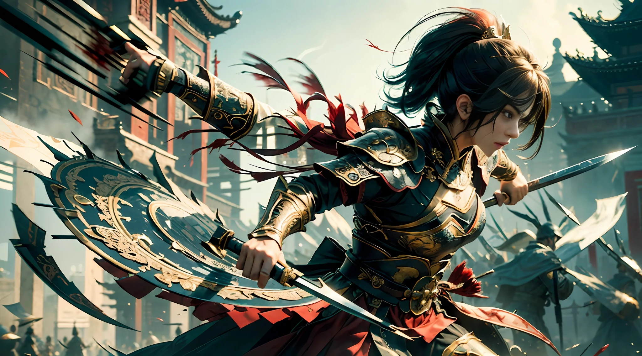 (Fidelity: 1.4), Quality, (Masterpiece: 1.2), (Best Quality), ((Surreal)) (Costume Details: 1.3), (Intricate Detail), Ray Tracing, (1 Girl), Rule of Thirds Composition, (Tyndall Effect: 1.2), ( Anatomically correct: 1.2), (Black Armor, Chinese Costume Armor, War, Intense, Dynamic, Motion Blur, Dash, Vitality, Solo, Rage, Battle, Blood Drop, Chinese Royal Palace, Depth of Field, Background Blur, Panorama, Throwing Knife, Strong Edge, Dark)