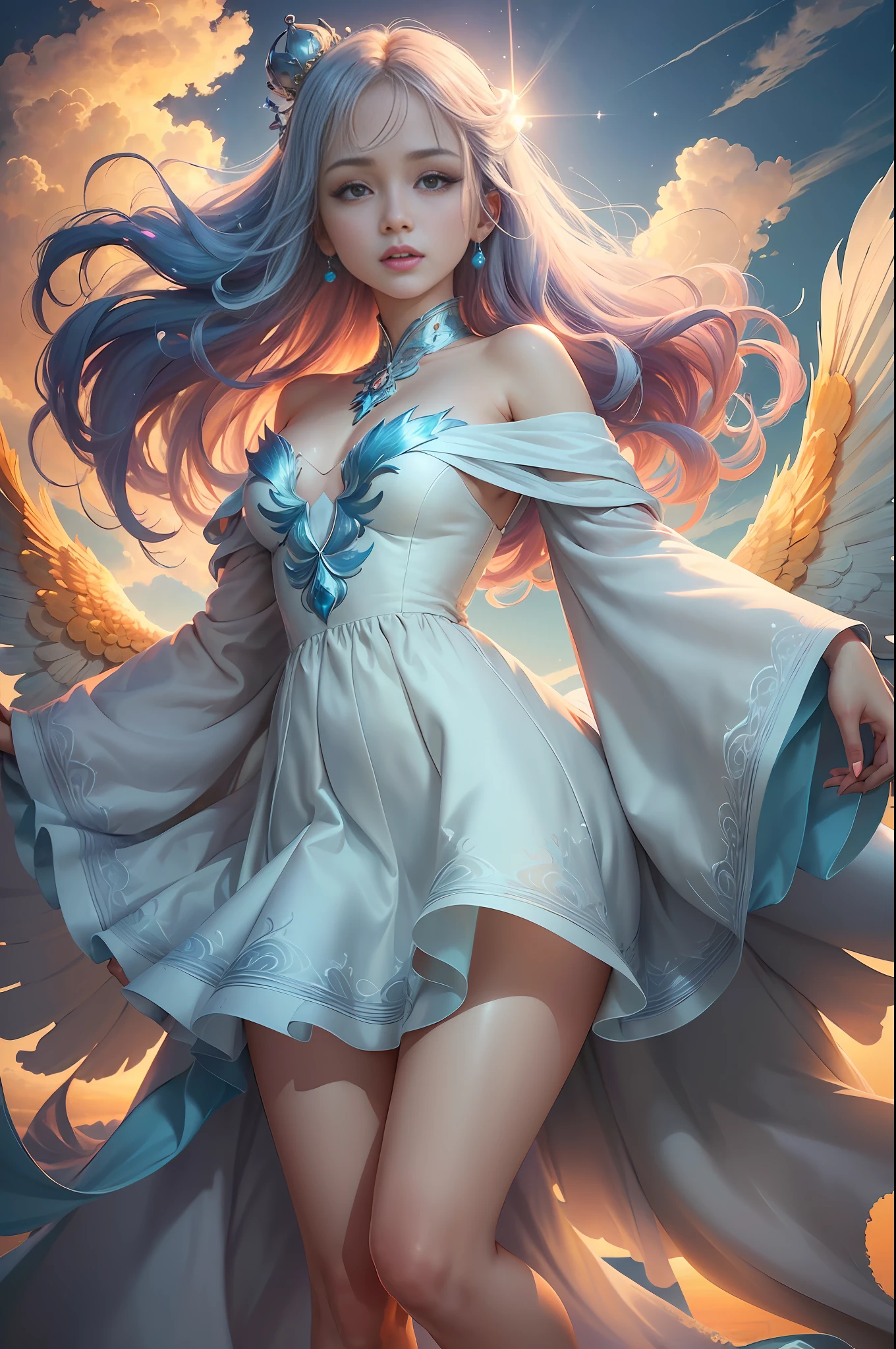 (8k, RAW photo, photorealistic:1.4) ,( lip gloss, eyelashes, glossy side, shiny skin, best quality, super high resolution, depth of field, chromatic aberration, caustics, special light, natural shadow, crown, kpop idol), light pink and sky blue style, (real: 1.2), 1girl, (orange sky: 1.5), (top-down: 1.2), tall and thin beauty goddess, flowing dress, conservative girl, cloud goddess, Flowing white fabric, dressed in a flowing dress, (background with blue sky and white clouds: 1.4), (wind: 1.5), (full body: 1.5), nhjy, a white dress with a peacock on it