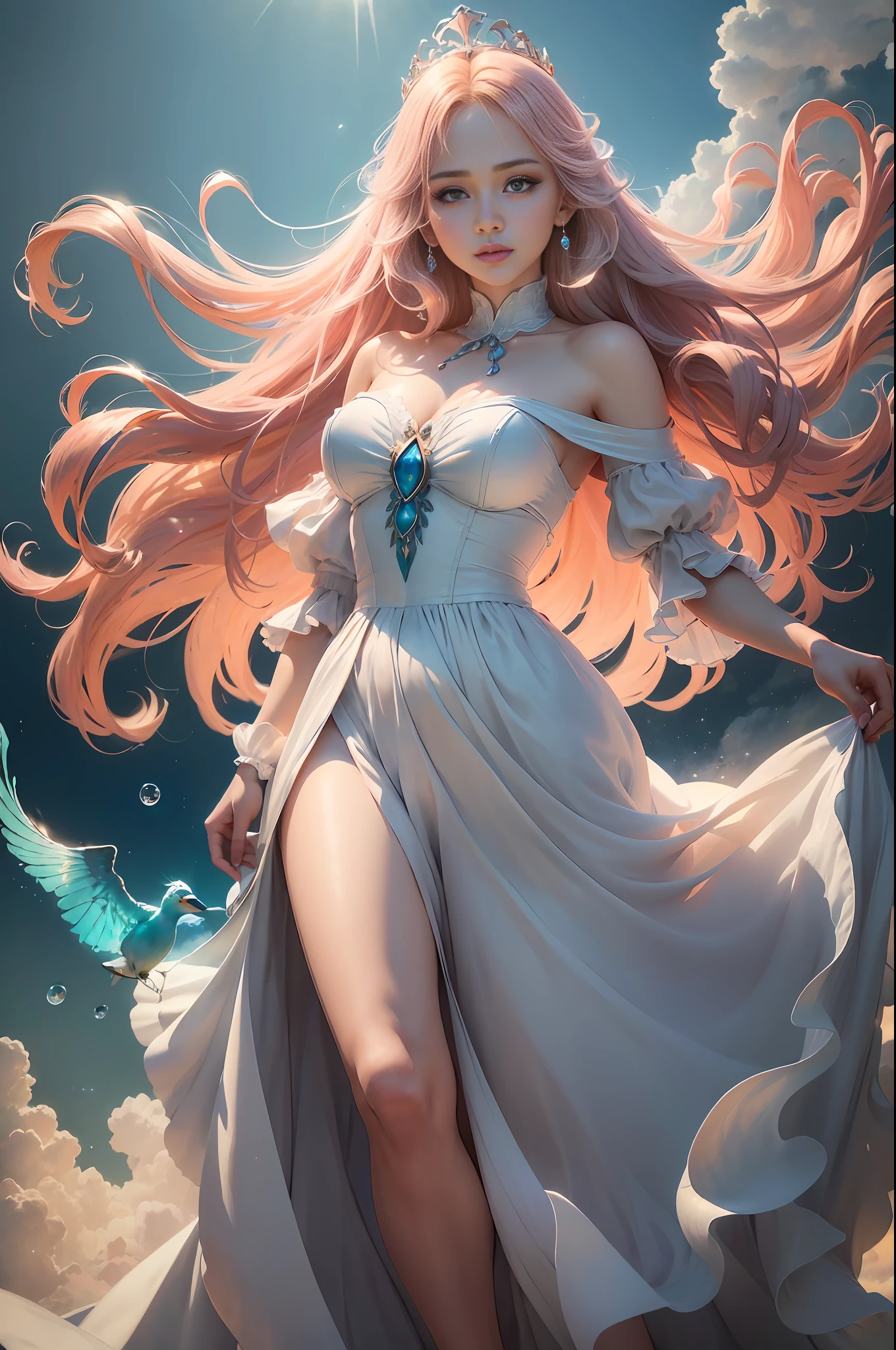 (8k, RAW photo, photorealistic:1.4) ,( lip gloss, eyelashes, glossy side, shiny skin, best quality, super high resolution, depth of field, chromatic aberration, caustics, special light, natural shadow, crown, kpop idol), light pink and sky blue style, (real: 1.2), 1girl, (orange sky: 1.5), (top-down: 1.2), tall and thin beauty goddess, flowing dress, conservative girl, cloud goddess, Flowing white fabric, dressed in a flowing dress, (background with blue sky and white clouds: 1.4), (wind: 1.5), (full body: 1.5), nhjy, a white dress with a peacock on it