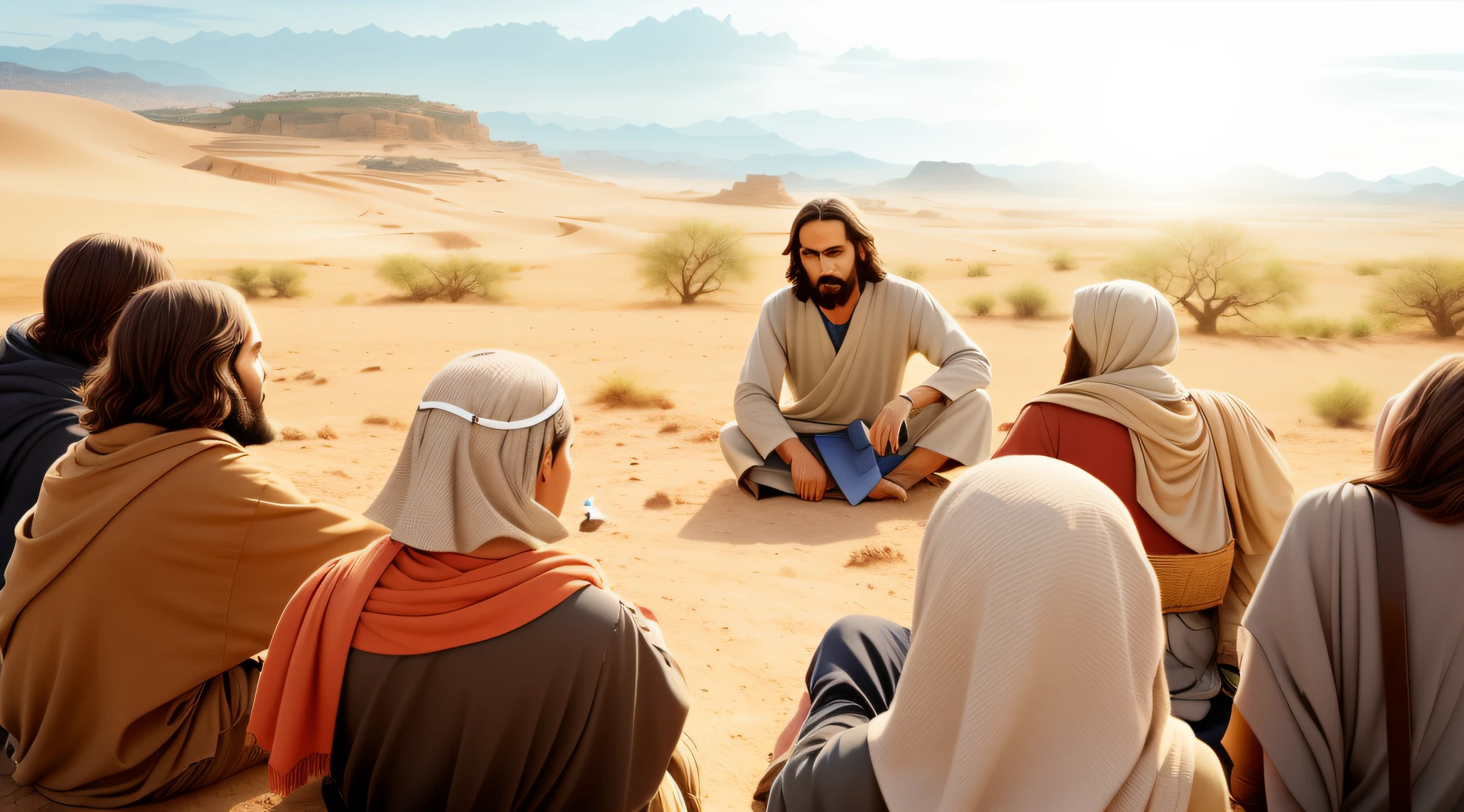 arfed image of a group of people sitting on a hill, absolutely remarkable image, calmly talking 8k, biblical illustration, beautiful image, jesus,in a scenic background, the most beautiful scene, by Kurt Roesch, spiritual scene, afternoon meeting point, beautiful scene, in a desert oasis lake, by Willy Bo Richardson, serene scene