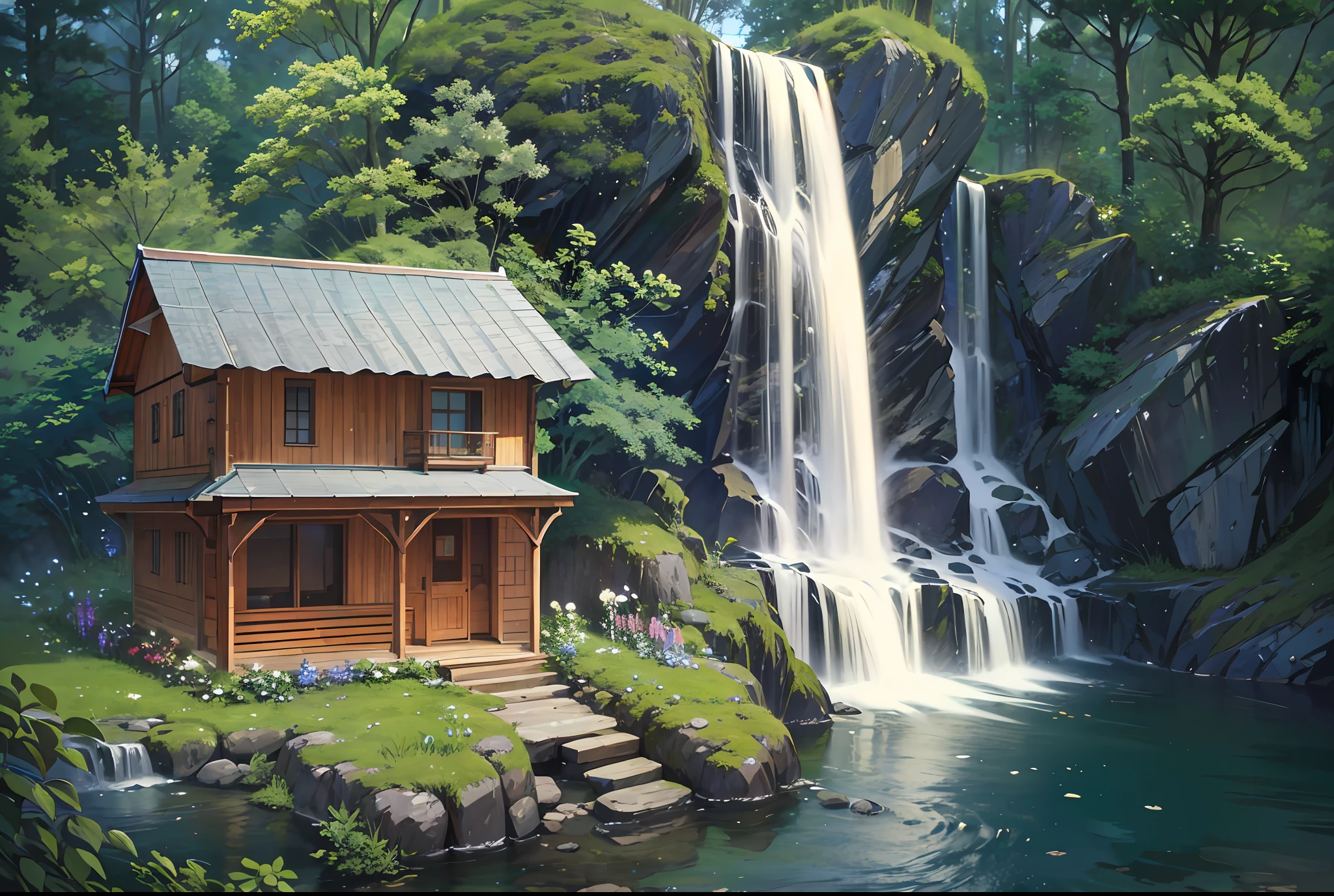 Small wooden house located near a very high waterfall. Surrounded by a green and flowery forest
. Very intricate image, hyper-detailed, photorealistic, 8k --auto --s2
