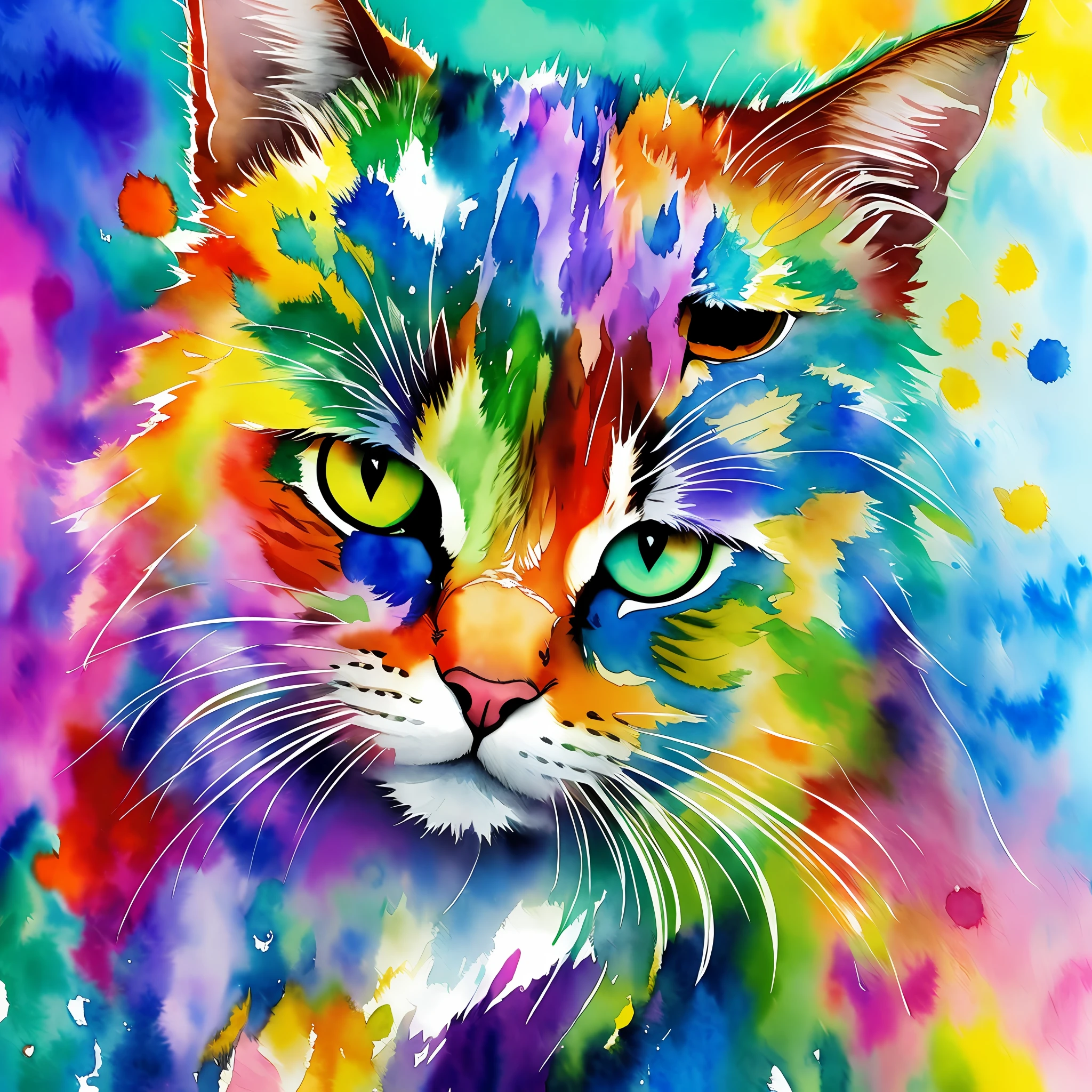 wtrcolor style, Digital art of (cat character), official art, frontal, smiling, masterpiece, Beautiful, ((watercolor)), face paint, paint splatter, intricate details. Highly detailed, detailed eyes, [dripping:0.5], Trending on artstation, by Rachel Walker --auto --s2