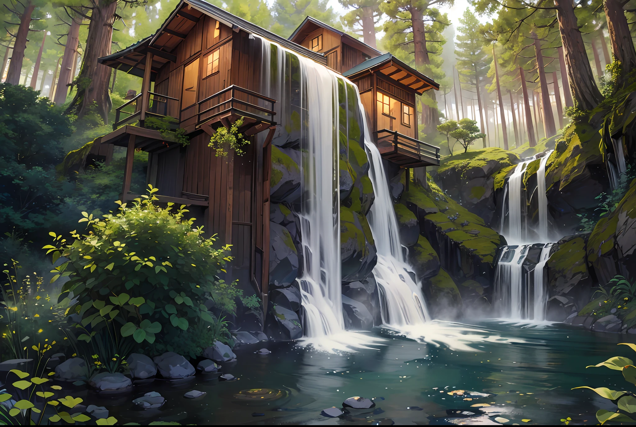 Small wooden house located near a very high waterfall. Surrounded by a green and flowery forest
. Very intricate image, hyper-detailed, photorealistic, 8k --auto --s2