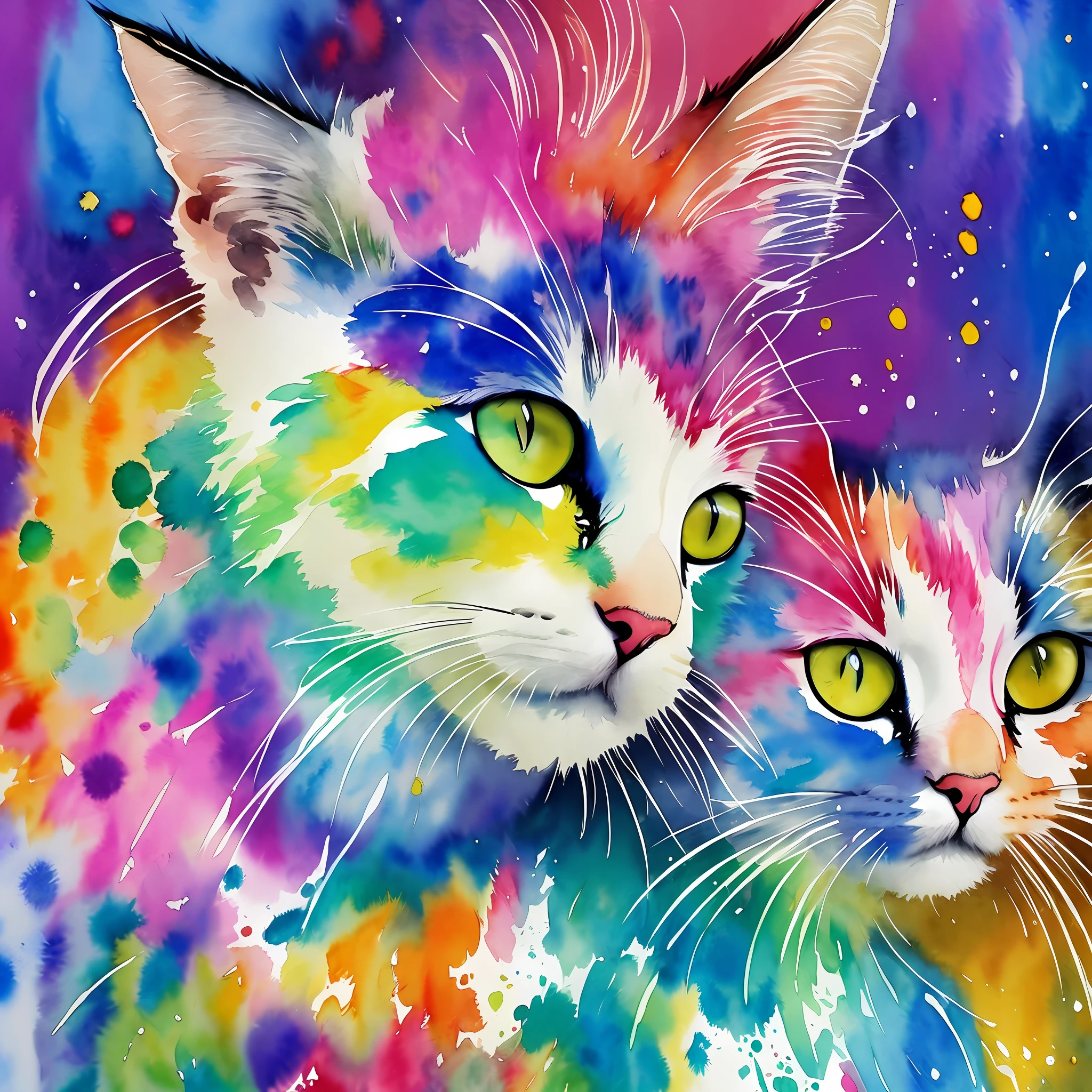 wtrcolor style, Digital art of (cat character), official art, frontal, smiling, masterpiece, Beautiful, ((watercolor)), face paint, paint splatter, intricate details. Highly detailed, detailed eyes, [dripping:0.5], Trending on artstation, by Rachel Walker --auto --s2