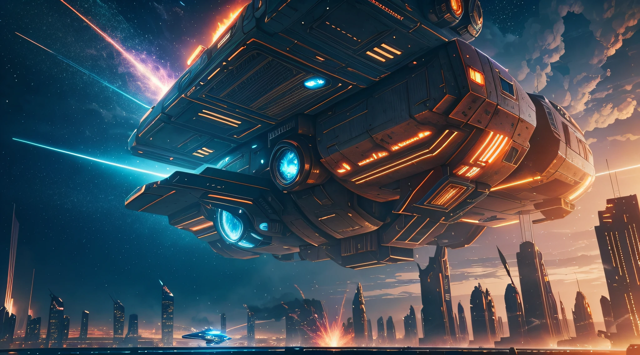 Steampunk style, cool tones, cinematic effects, motion photography, time-lapse, Fuji, long exposure, sci-fi style starship, flying starship in the sky, tail erupting blue flames, ambient lights, surreal sci-fi city in the background, red particle special effects, particle light, aesthetic, 8K, top painting, concept art, epic composition, with HD details, metallic texture and tension composition, hyper-realistic, ultra-realistic, rich in detail, 3D
