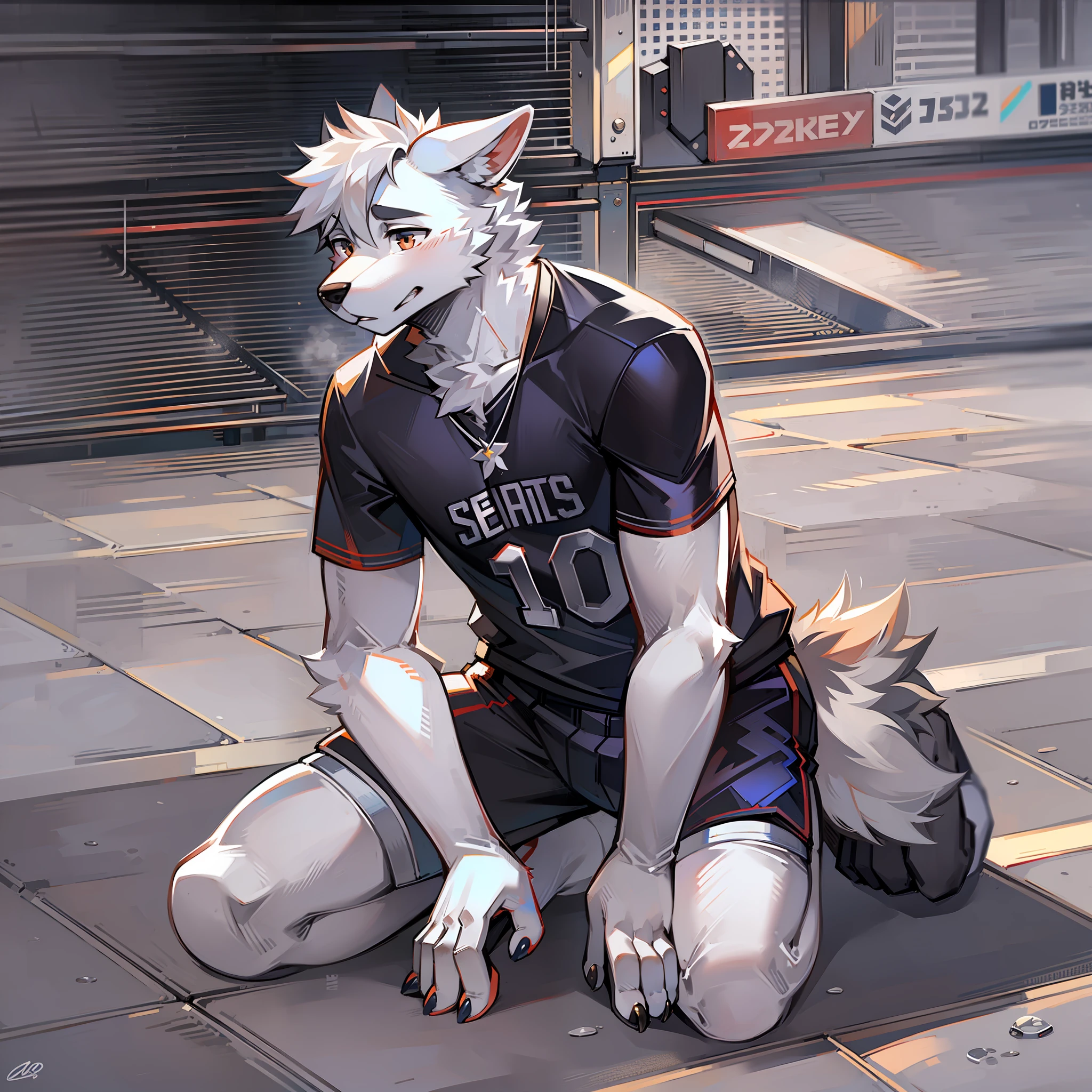 Male, white sox sports student, kneeling on the ground as a pet dog