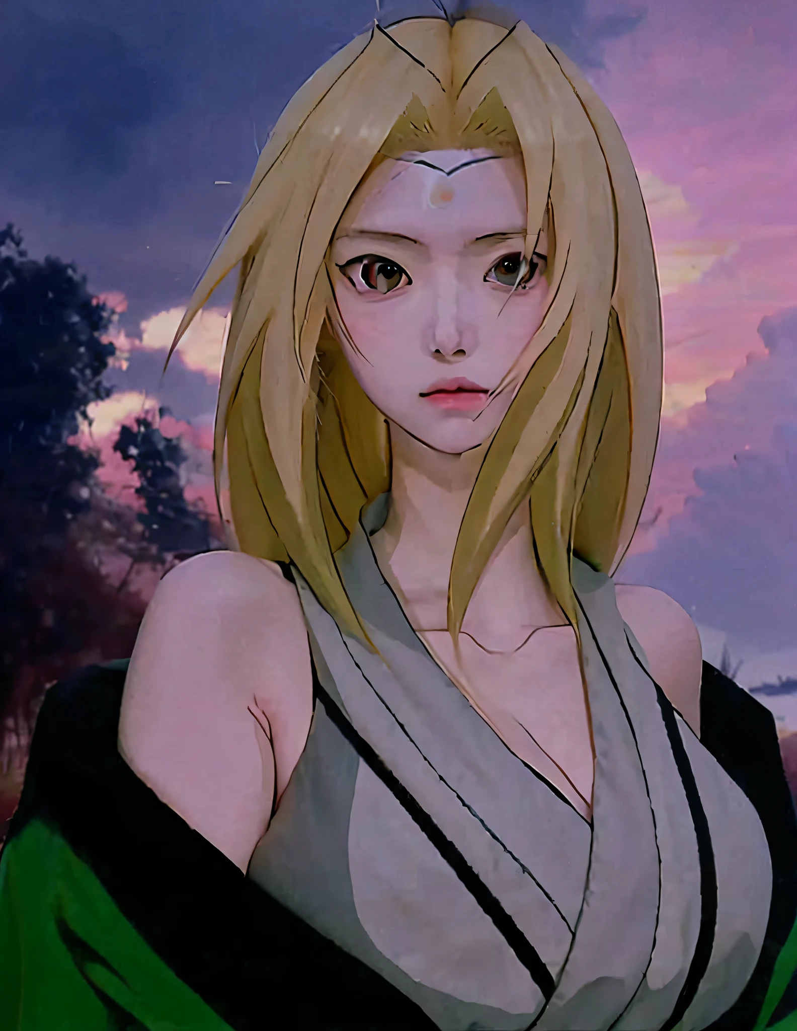 Anime girl with blonde hair and green dress in front of cloudy sky, from Naruto Tsunade, inspired by female anime character Nanmi Morikage, from Naruto, Kuno, inspired by Koichi Sakai, Uchiha Itachi, as an anime character