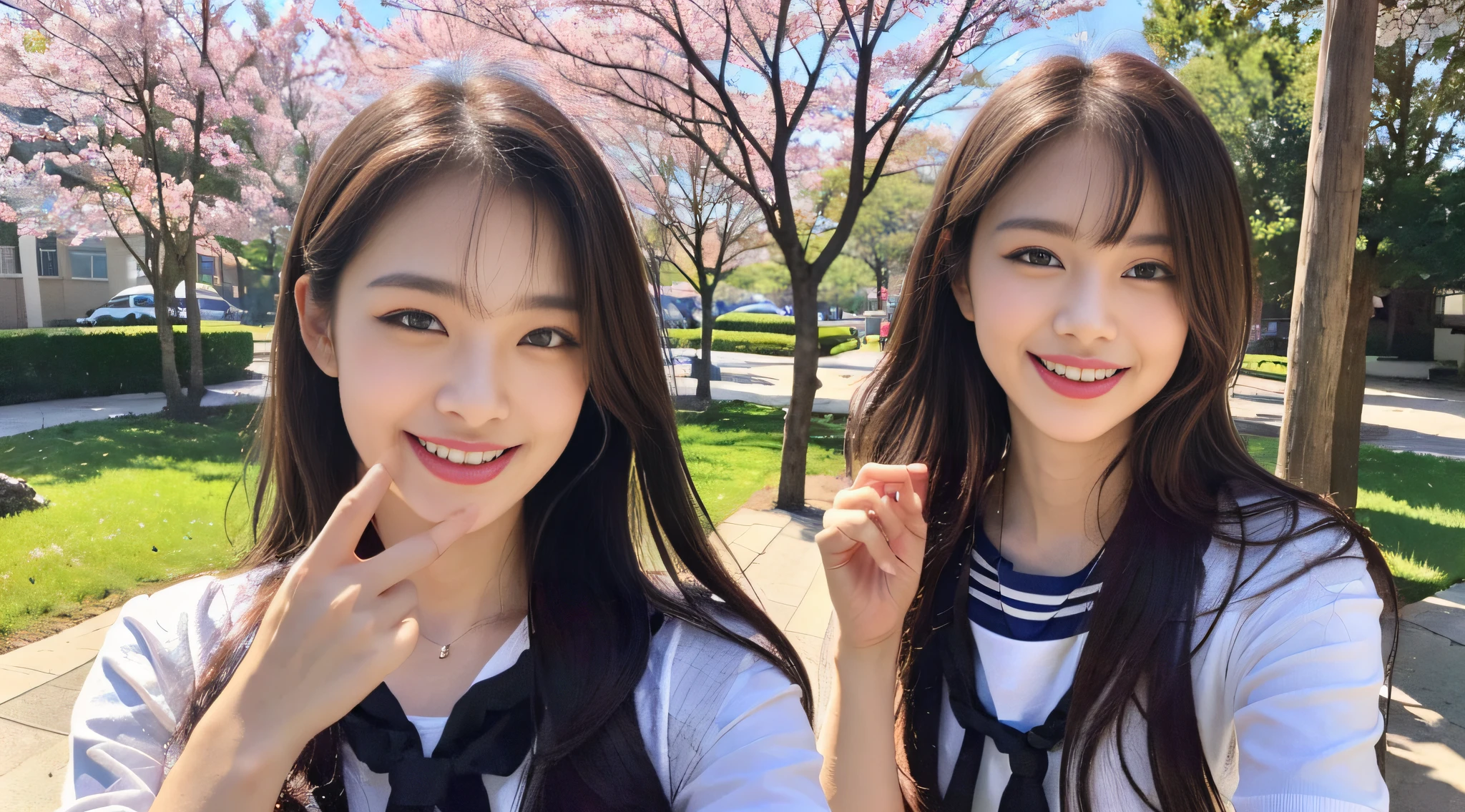 (8k, RAW photo, highest quality, masterpiece: 1.2), super detail, super resolution, (realistic, real photo: 1.37), (photorealistic: 1.6), portrait, high resolution RAW color photo, professional photo, very detailed and beautiful, real light (kissing with eyes closed), pointing finger at camera (kissing face), beautiful view mixed with light, Cherry blossoms are dancing, cherry blossoms are dancing around the female proofreader, asking for a kiss, cute pose, playing in the park at night, the moonlit night is beautiful. Super high image quality, 8k wallpaper, amazing cute smile, transcendent cute face, amazing details, red scarf, very detailed beautiful girls, different pattern face, one is a ponytail, modern cute schoolgirl, very detailed face very detailed eyes, very realistic skin, very detailed fingers, very detailed nose, very detailed mouth, perfect anatomy, very detailed sailor suit, very detailed background, After school. Smiling faces, fun spreads in the hallway, long straight hair, (dull bangs: 1.2), , schoolgirl youth Celebrity-level cuteness , (pink eye shadow)