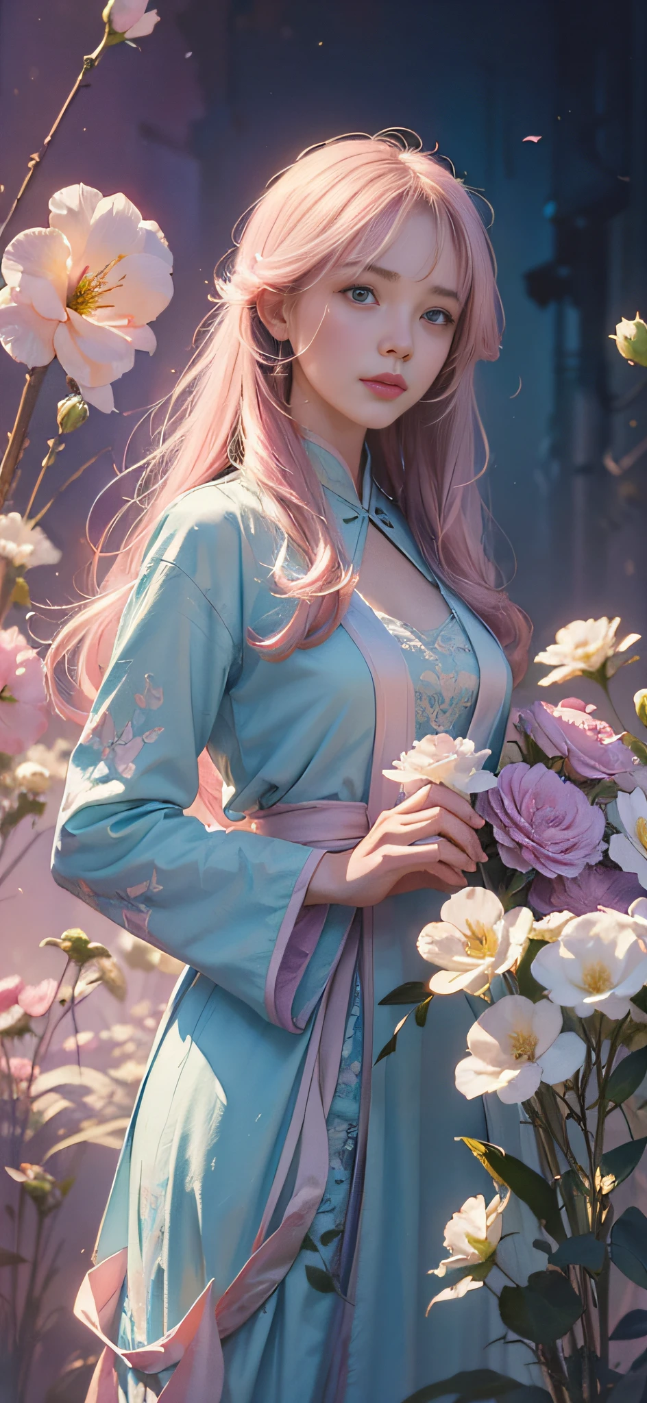 add_detail:2,1girl,detailed face,princess,taoist),flower, Lisianthus ,in the style of light pink and light azure, dreamy and romantic compositions, pale pink, ethereal foliage, playful arrangements,fantasy, high contrast, ink strokes, explosions, over exposure, purple and red tone impression , abstract, ((watercolor painting by John Berkey and Jeremy Mann )) brush strokes, negative space