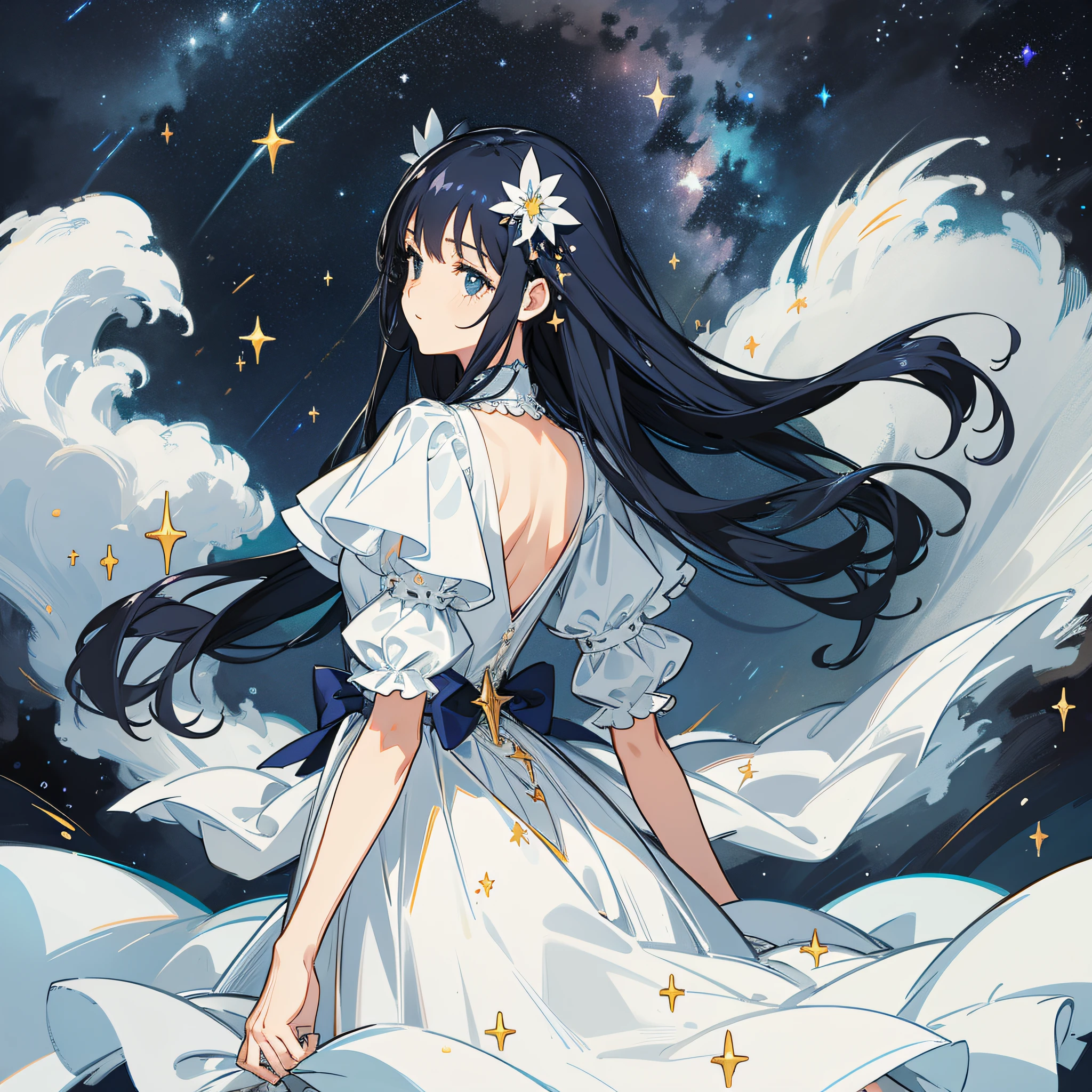 Under the stars, shooting stars, girl standing, back, small river reflecting the starry sky, girl long hair, white dress, hair flying, delicate, night