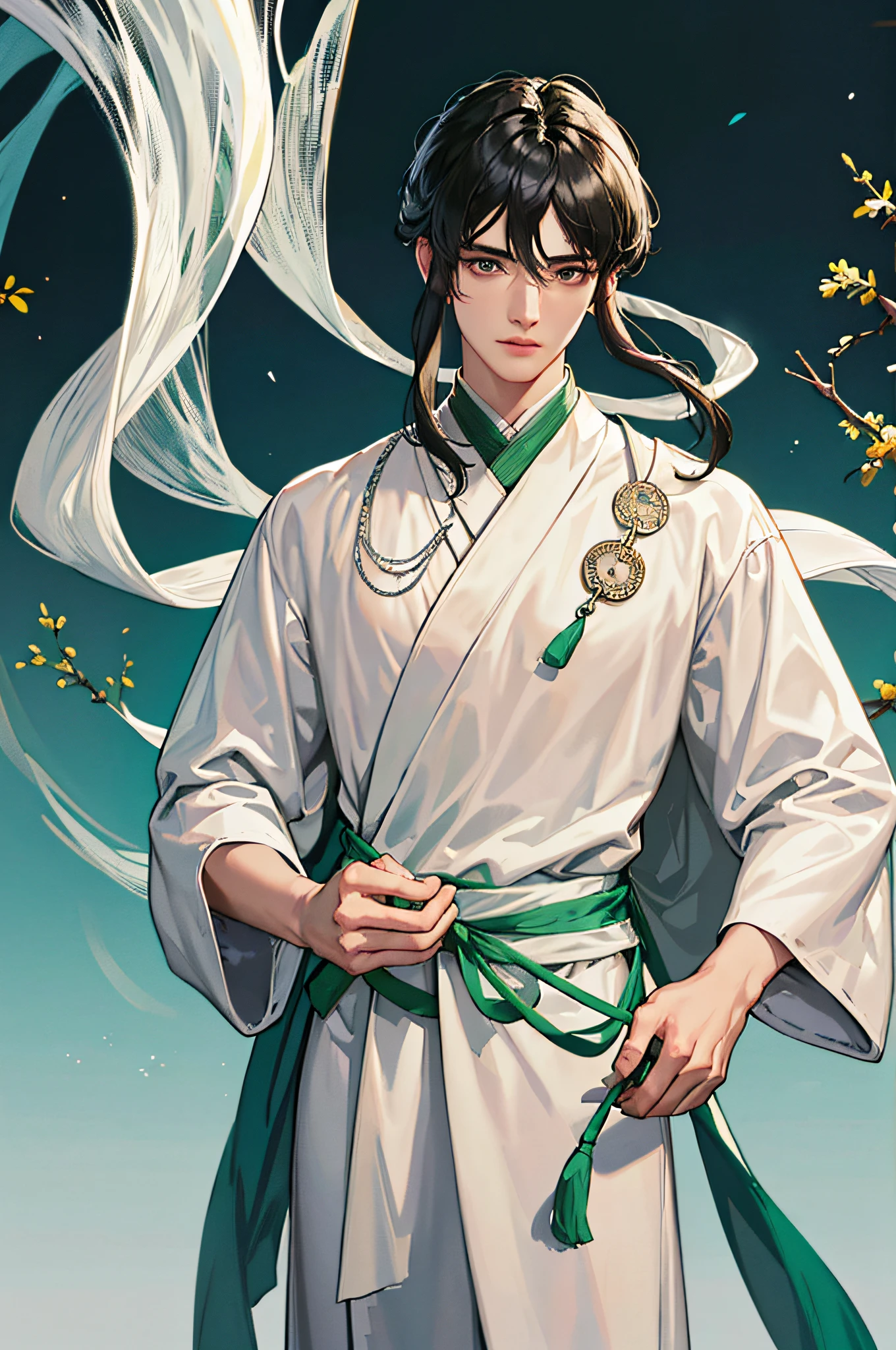 8k wallpaper, super detailed, beautiful, masterpiece, best quality, 1 adult young male, black hair, shawl hair, flowing bangs, delicate jawline, danfeng eyes, looking at the camera, high nose, wearing Hanfu, normal dress, flowing long Hanfu, ear chain in one ear, light green, silver, translucent
