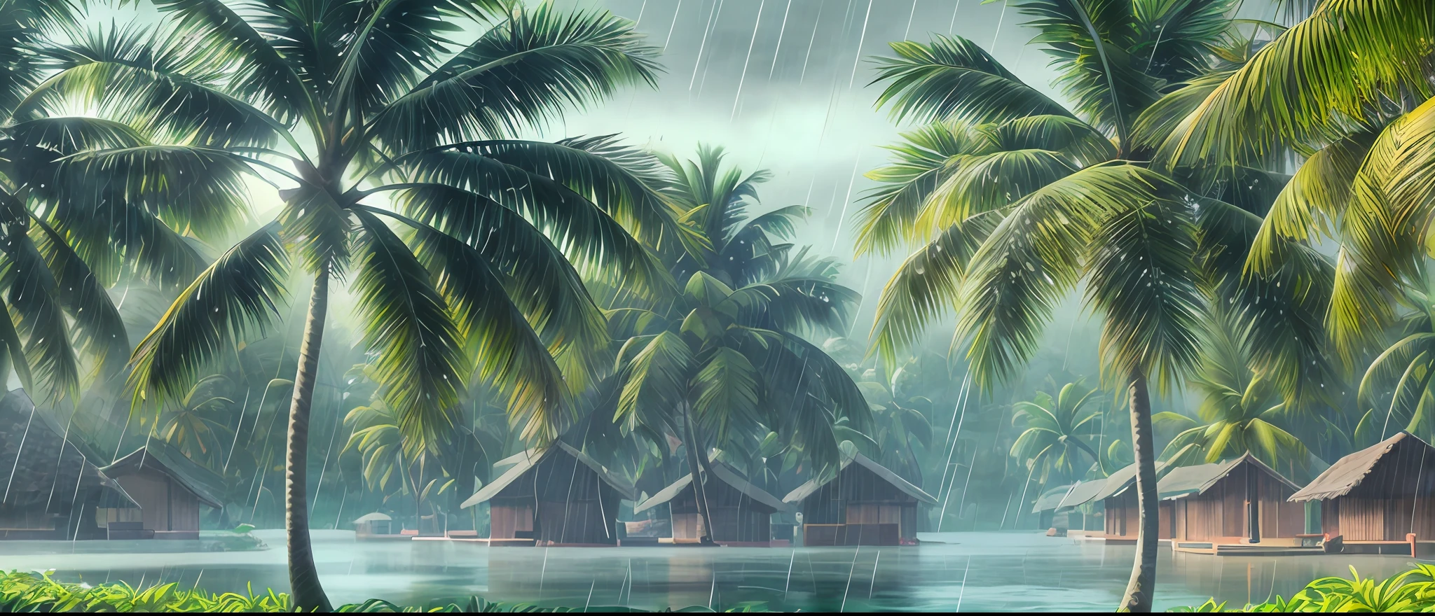 (raining in kerala:1.2), hyperrealistic, (coconut trees everywhere:1.1), HD, 4K, 8K, greenery, Scenery, HDR, heavy rain --auto --s2