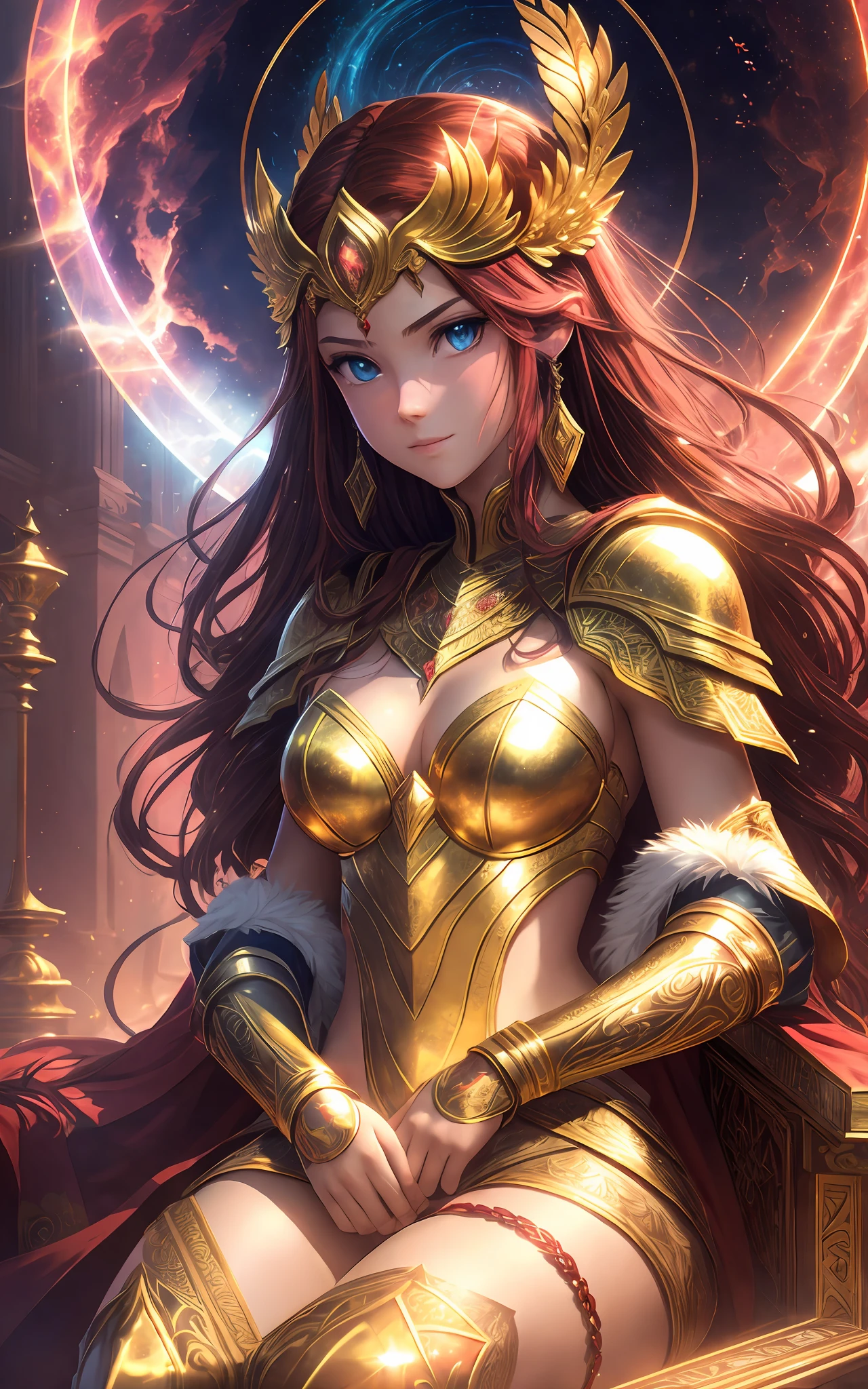 award winning 64k concept art of (1girl:1.2) in red shiny ornate armor sitting on the throne, epic, god rays, centered, (masterpiece:1.2), (best quality:1.2), Amazing, highly detailed, beautiful, finely detailed, warm soft color grading, Depth of field, extremely detailed 8k, fine art, stunning, iridescent, shiny, (light reflections:1.2), (crisp:1.5), curls, wind, vibrant, sunlit, edge detection