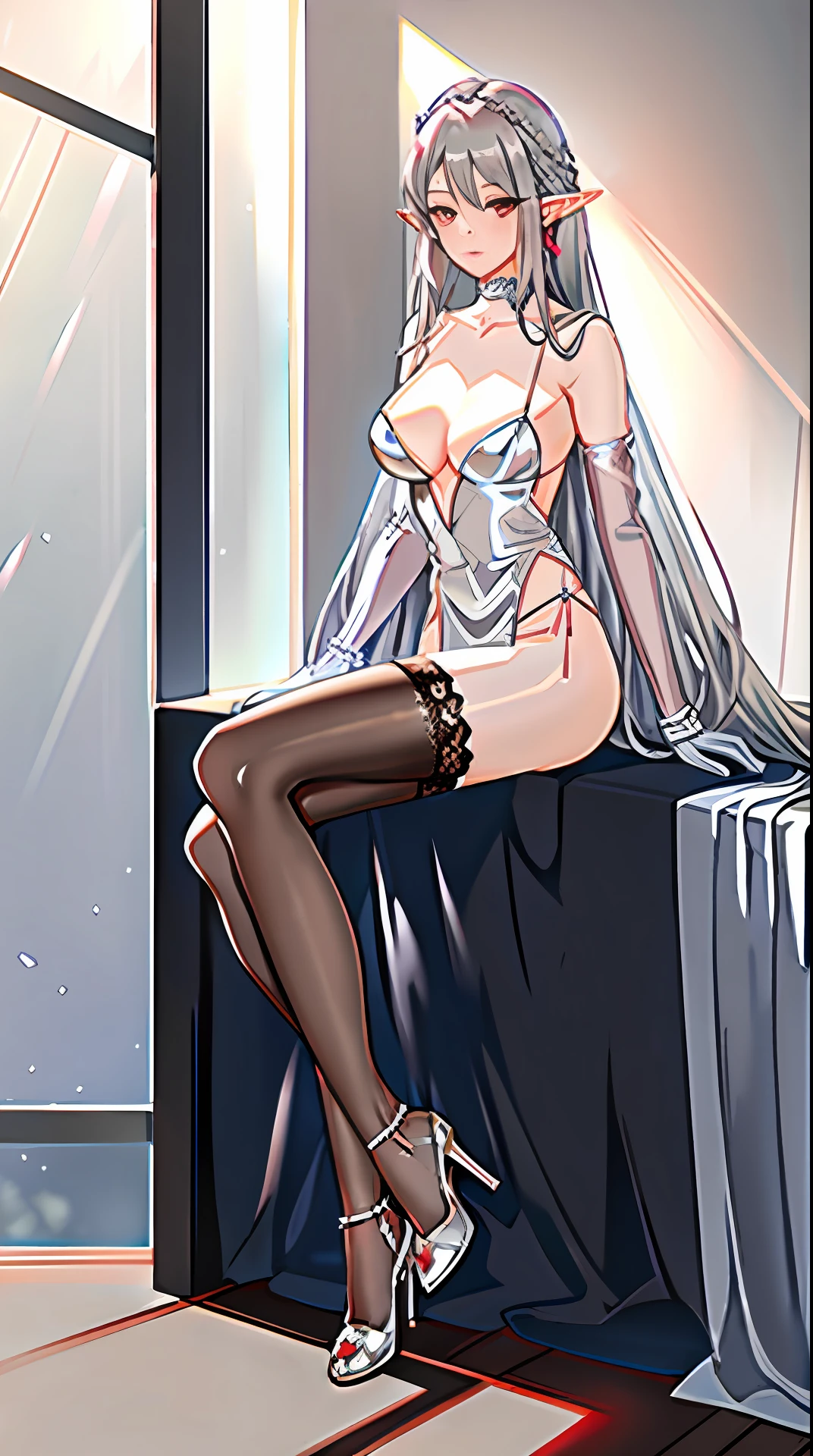 (Silver-haired elf, red eyes: 1.2), silver low-cut sheer tulle dress, no underwear, no panties, silver suspender stockings, over-the-knee silver sheer stockings, high-heeled silver patent leather shoes, full body, diffuse dreamy shimmer, natural soft light and dark, surrounded by mist, elegant atmosphere.
