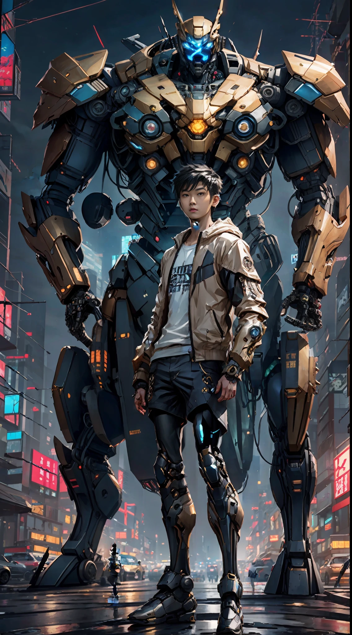 Boutique,best quality,Gold jewelry,(slip out feet),Fairy skin,(Fidelity :1.2),Standing,Super Detailed,realistic,High quality,Movie Light,Ray tracking,Ultra HD,Upper body
Boy in shorts and jacket standing next to giant robot, Guweiz style artwork, CyberPunk mech, Trends on CGSTATION, Guweiz, Russell Dongjun Lu, digital cyberpunk anime art, Ross Tran 8 K, Guweiz on ArtStation Pixiv, boy in mecha network armor