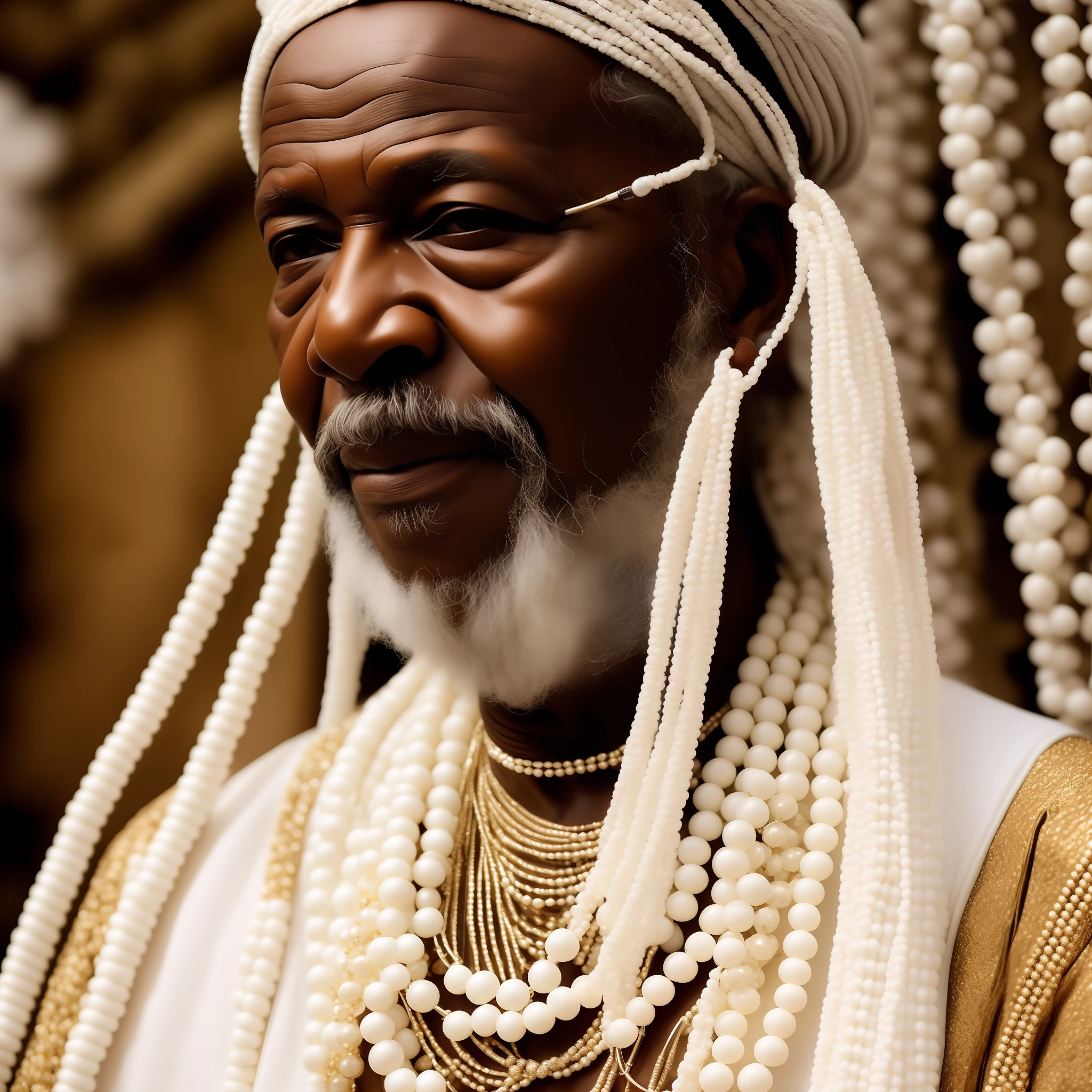 A realistic photo of an old black African man in all-white traditional clothes, white beaded necklaces, a white staff with strands of white beads hanging out.