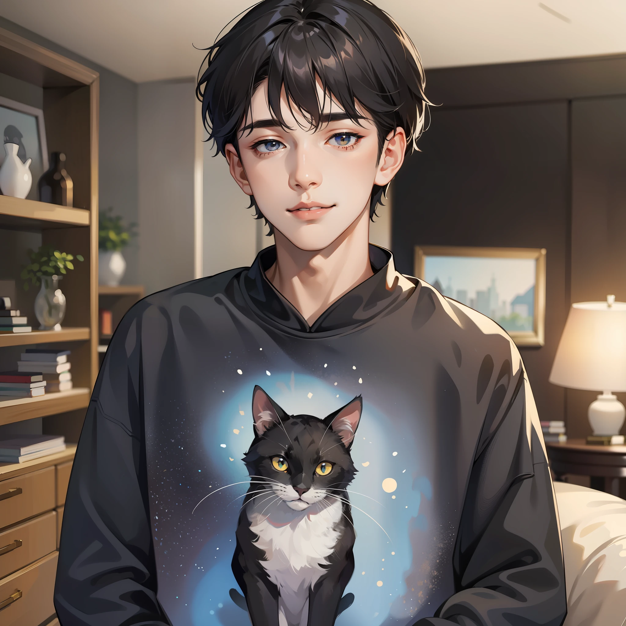 Male, delicate face, short black hair, smile (0.1), black sweatshirt (cat pattern), standing, living room background