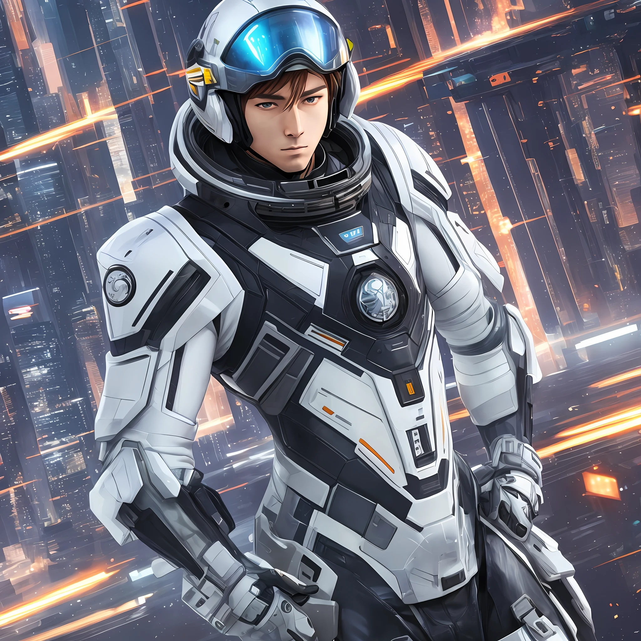 there is a man in a futuristic outfit, beautiful hem model, anime boy, futuristic clothes and helmet, hyper-realistic style, 8k, Space suit, --auto --s2