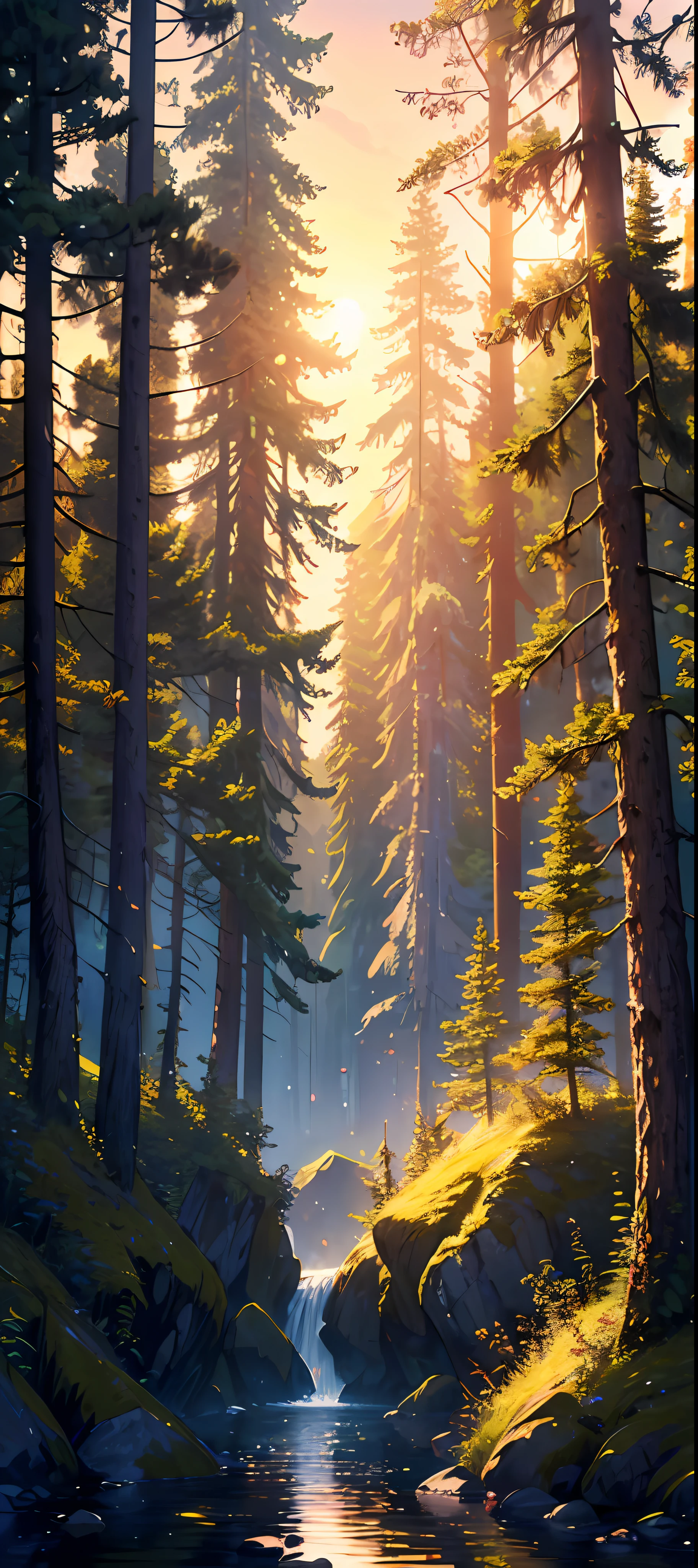 ((highres, best quality, 16k, masterpiece, resolution)), (a forest in the sunset), (((beautiful))), cliff