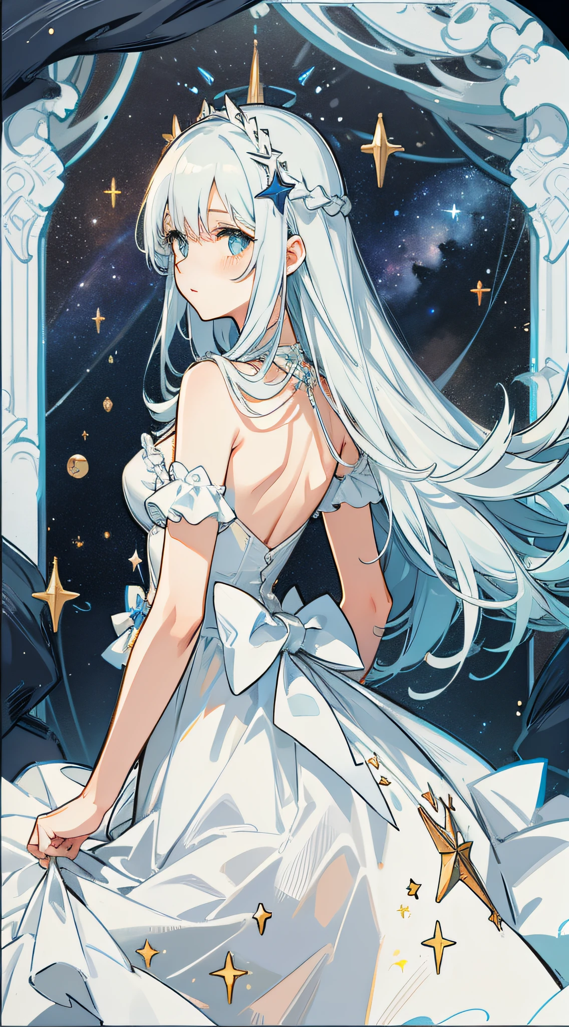 Under the stars, shooting stars, girl standing, back, small river reflecting the starry sky, girl long hair, white dress, hair flying, delicate, night