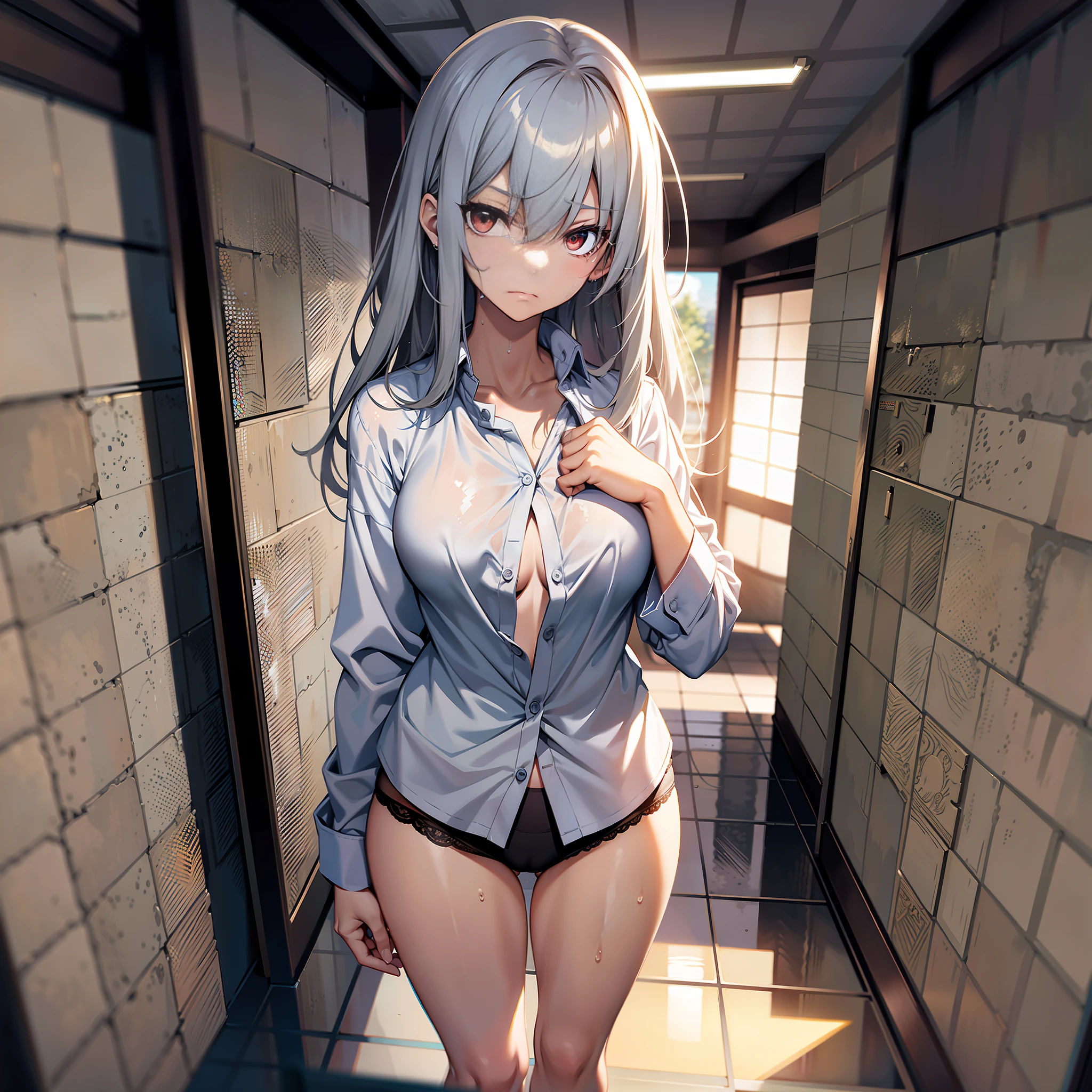 Ultra High Resolution, Masterpiece, (Bottom-Up Perspective: 1.5) (Lori: 1.5), (Gray Hair: 1.5), Detailed, Red Eyes, (Small Tits: 1.5), Full Body Image, Bathroom, Dim Lighting, Abdomen, Background Blur, Ray Tracing, Low Perspective, Eyes Looking at Camera, (Anger: 1.4), (Disdainful Expression: 1.4), Barelegs, Barefoot, (Panties Only: 1.5), Standing, (Large White Shirt: 1.2), (Shirt Unbuttoning: 1.2), (Without Bra: 1.3), (black panties: 1.2), (naturally sagging hands: 1.3), sheer clothes, slim figure, slender legs, water stains on the floor, sweat,
