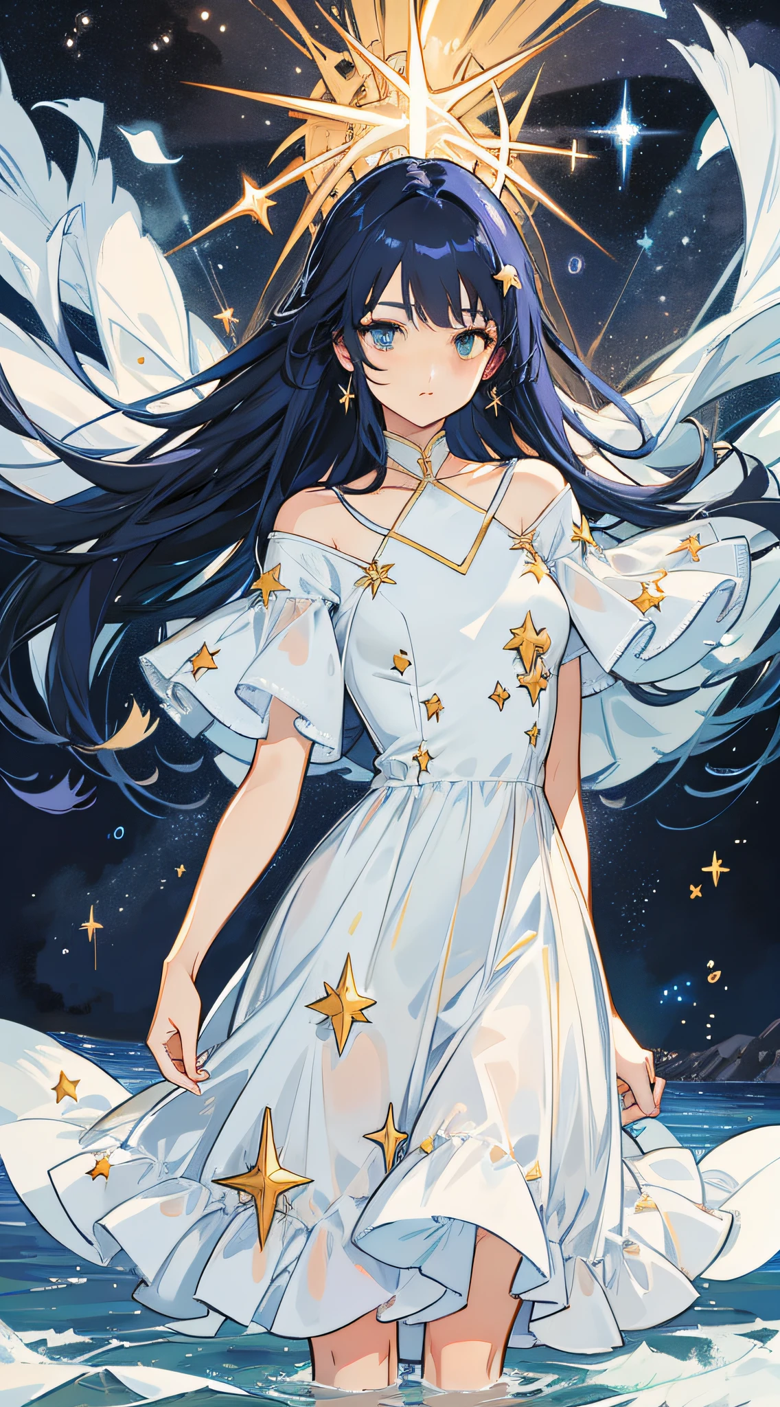 Under the stars, shooting stars, girl standing, back, small river reflecting the starry sky, girl long hair, white dress, hair flying, delicate, night