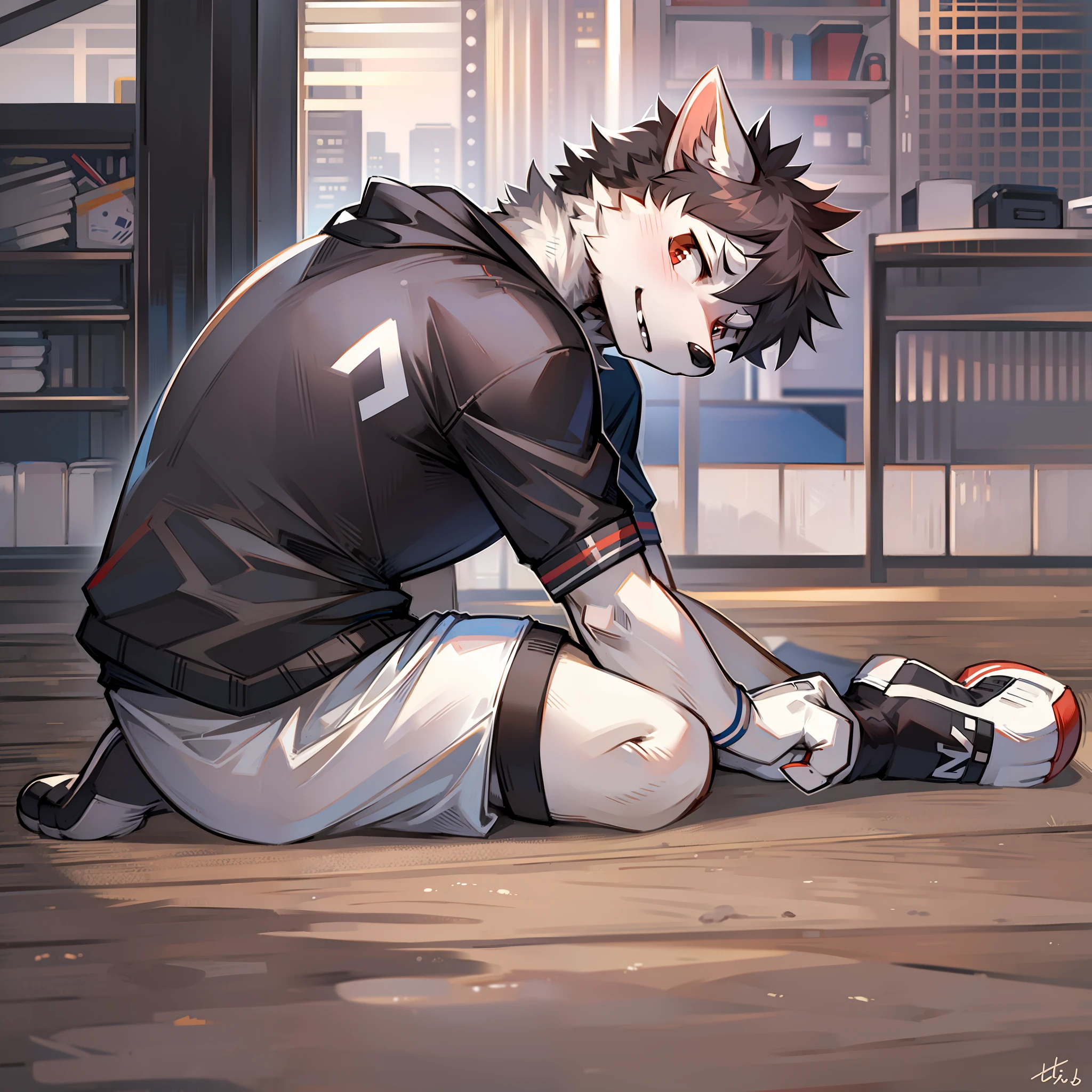 Male, white sox sports student, kneeling on the ground as a pet dog