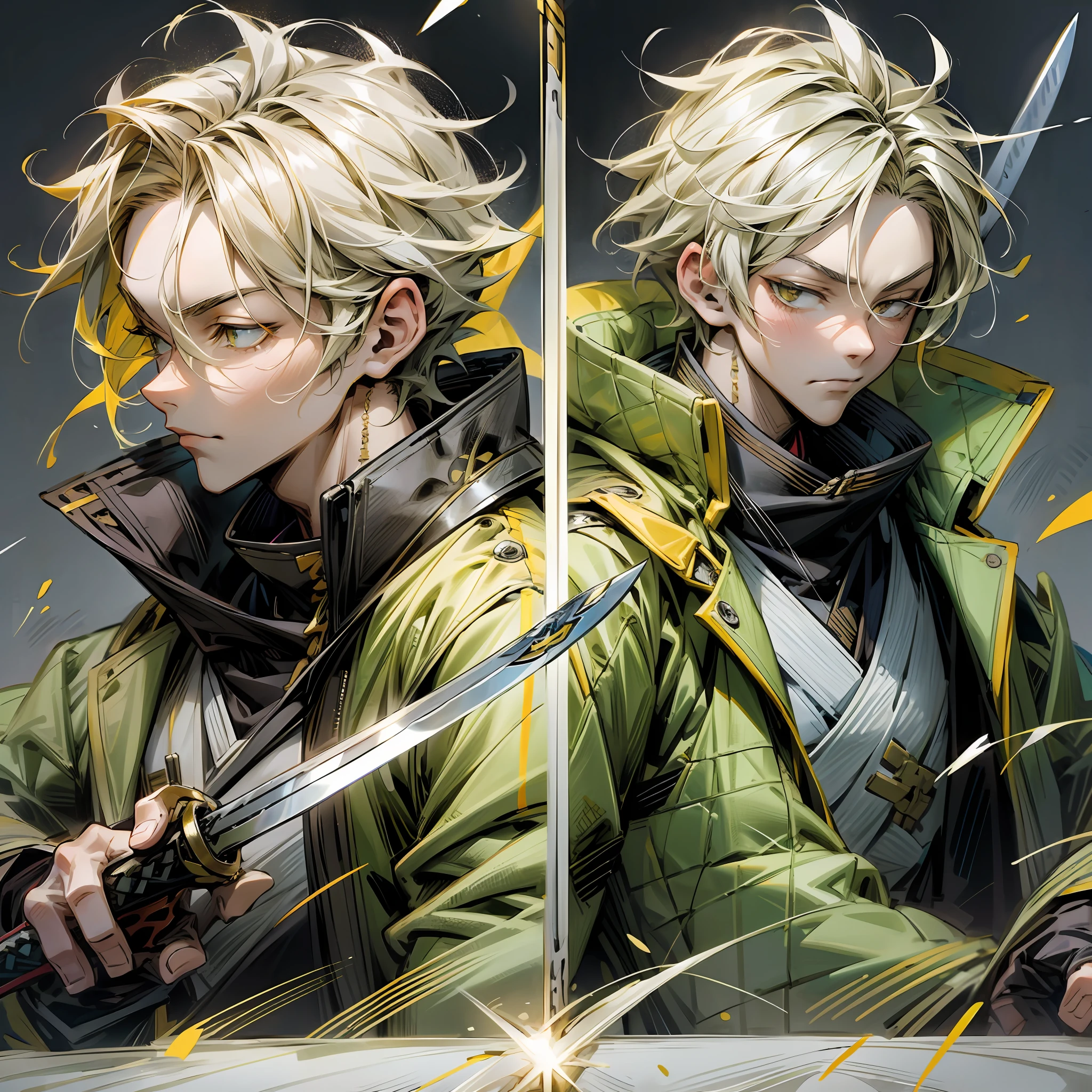 zenitsu in real life with yellow jacket ,same hair, holding sword with thunder from eyes as described in manga,8k --auto --s2