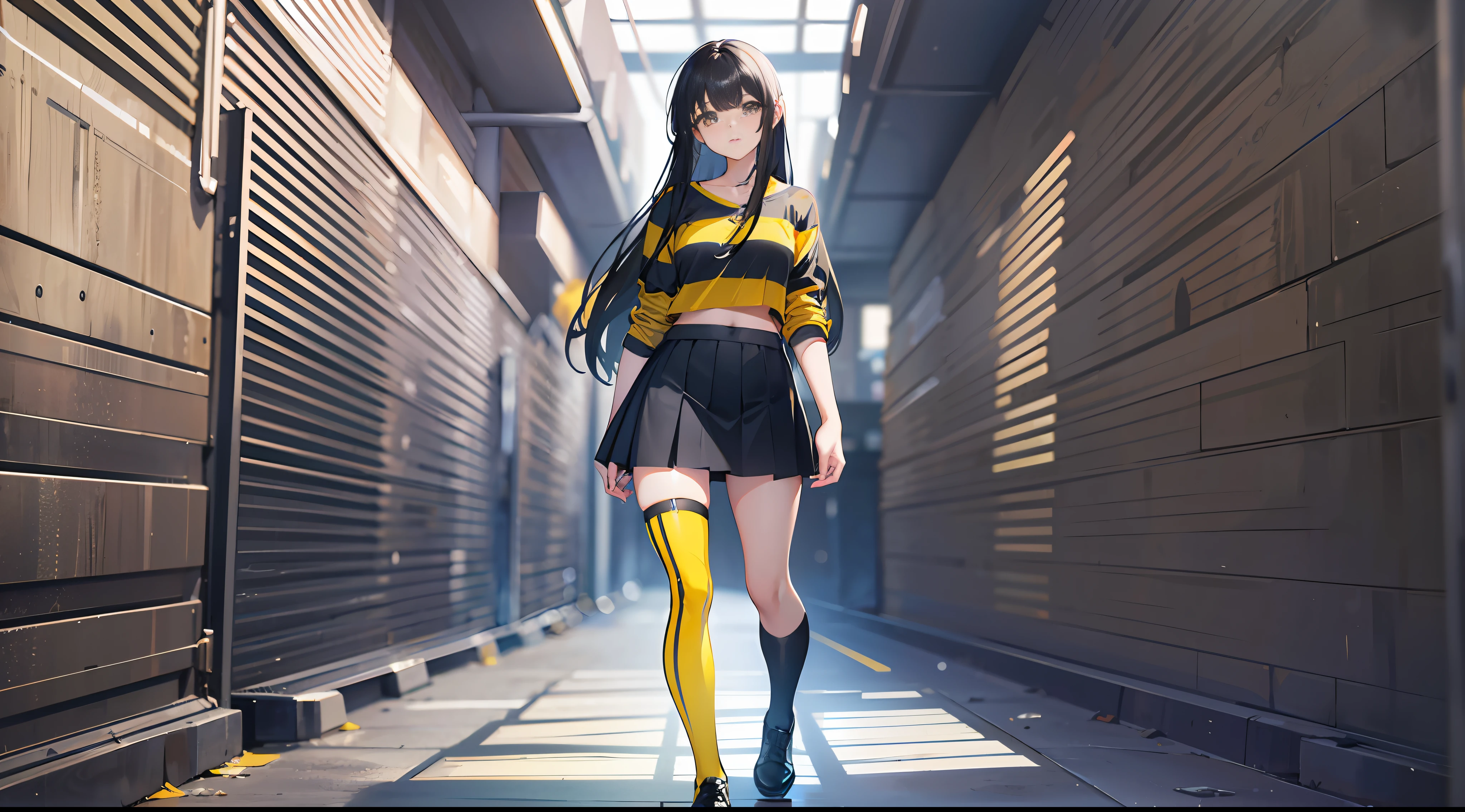 18-year-old girl,Long black hair,yellow striped top and blue miniskirt and yellow stockings,full body,Standing Posture