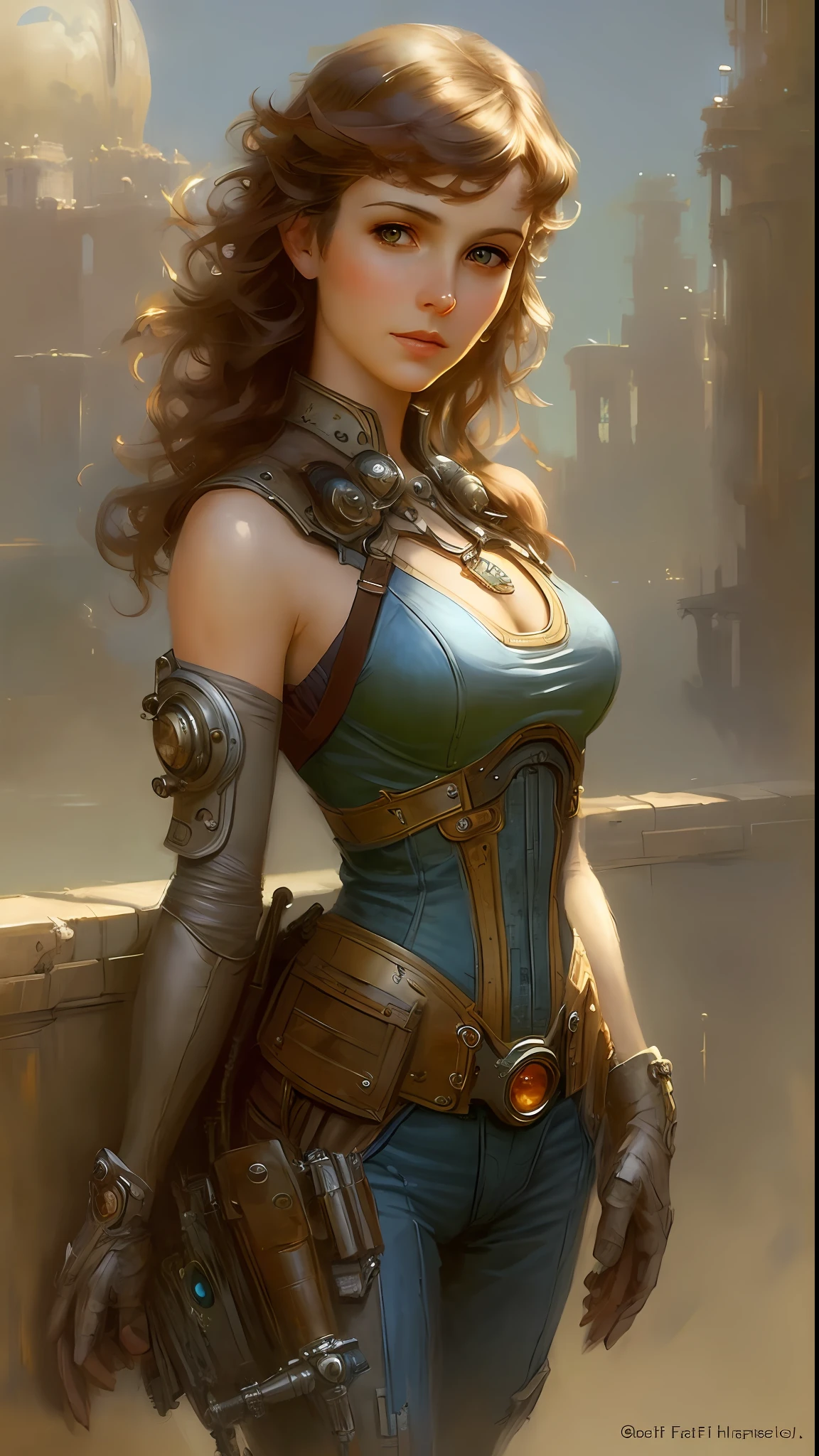 airy, pin-up, sci-fi, steam punk, very deitaled, realistic, figurative painter, fineart, Oil painting on canvas, beautiful painting by Daniel F Gerhartz --ar 9:16 --beta --upbeta