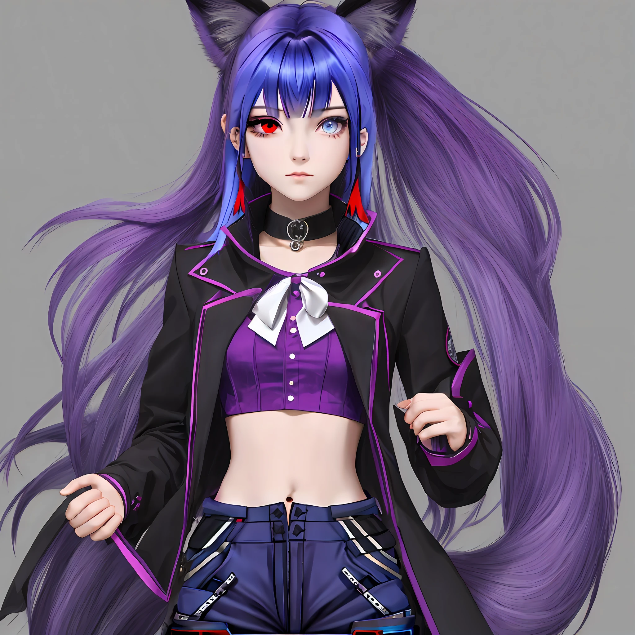 Red eye, blue hair, techwear pants