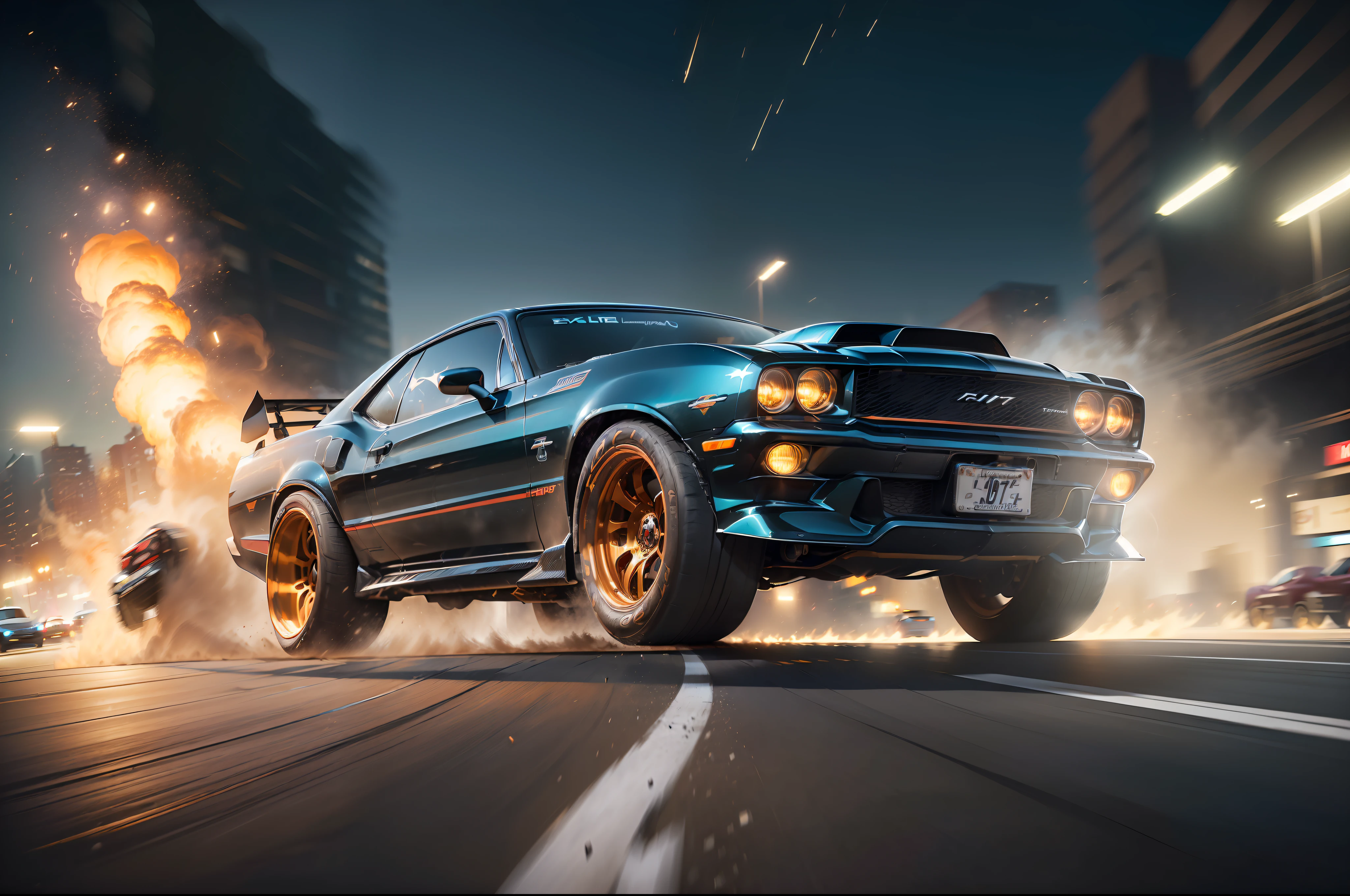 (((Concept muscle car, custom paint, in a night-time street drag race))), ((💥)),((Mid-air photo)), (((extreme parallax motion blur of the background))),((visible body roll, pitch))), exciting scene, an enormous fireball in the distant background, street racer scene, (((driving off the top of a 30 foot high stunt-ramp)), at high speed, body roll, (((extreme forward motion parallax blur))), A dramatic street scene, intense, ((wheels extreme motion blur)), (burning debris), conveying a sense of intense speed, illuminated by the street lights, blurred wheel rotation, Hasselblad HD6, f22, back-lit, street view, close-up view,