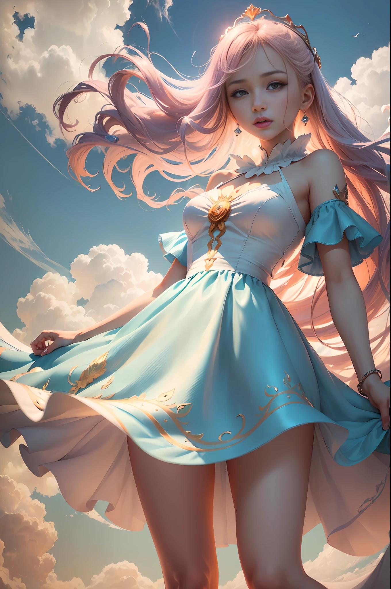(8k, RAW photo, photorealistic:1.4) ,( lip gloss, eyelashes, glossy side, shiny skin, best quality, super high resolution, depth of field, chromatic aberration, caustics, special light, natural shadow, crown, kpop idol), light pink and sky blue style, (real: 1.2), 1girl, (orange sky: 1.5), (top-down: 1.2), tall and thin beauty goddess, flowing dress, conservative girl, cloud goddess, Flowing white fabric, dressed in a flowing dress, (background with blue sky and white clouds: 1.4), (wind: 1.5), (full body: 1.5), nhjy, a white dress with a peacock on it