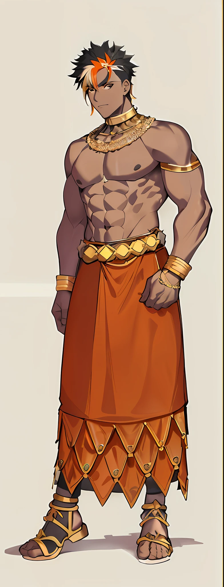 Masterpiece, best quality, black eyes, 1 black male, white background, orange long dress, (explosive hair style_1.5), toned muscles, gold necklace, gold belt, wearing straw shoes, ancient, Sumerian civilization
