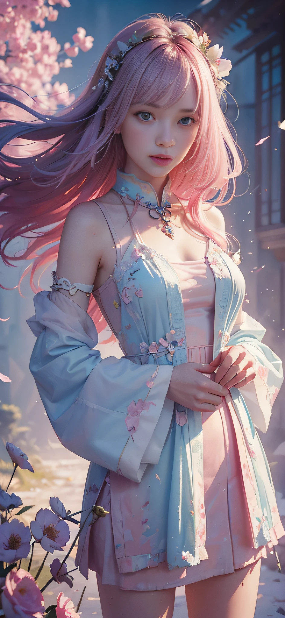 add_detail:2,1girl,detailed face,princess,taoist),flower, Lisianthus ,in the style of light pink and light azure, dreamy and romantic compositions, pale pink, ethereal foliage, playful arrangements,fantasy, high contrast, ink strokes, explosions, over exposure, purple and red tone impression , abstract, ((watercolor painting by John Berkey and Jeremy Mann )) brush strokes, negative space