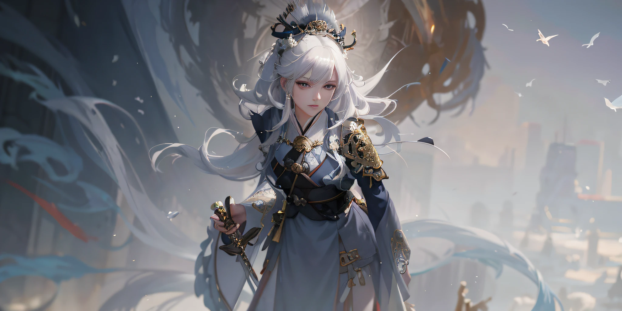 Woman with sword and bird in hand, by Yang J, White-haired God, Guvitz at Pixiv Art Station, Guvitz in ArtStation pixiv, Best Art Station for Fan Art, wlop rossdraws, Onmyoji Detailed Art, Guvitz style artwork, Kusht Krenz key art feminized, rich in detail